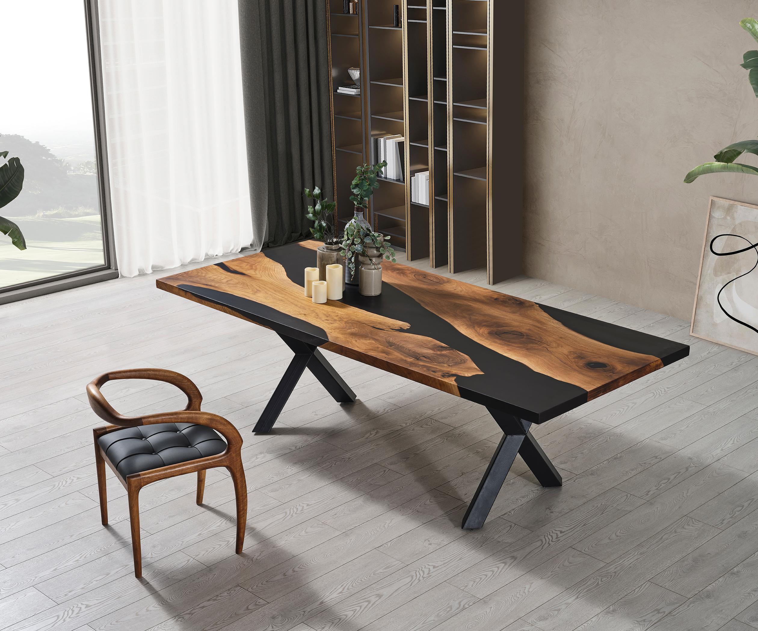 Moderno Tavolo in noce con resina epossidica nera - Tavolo da pranzo nero opaco - Tavolo in resina in vendita