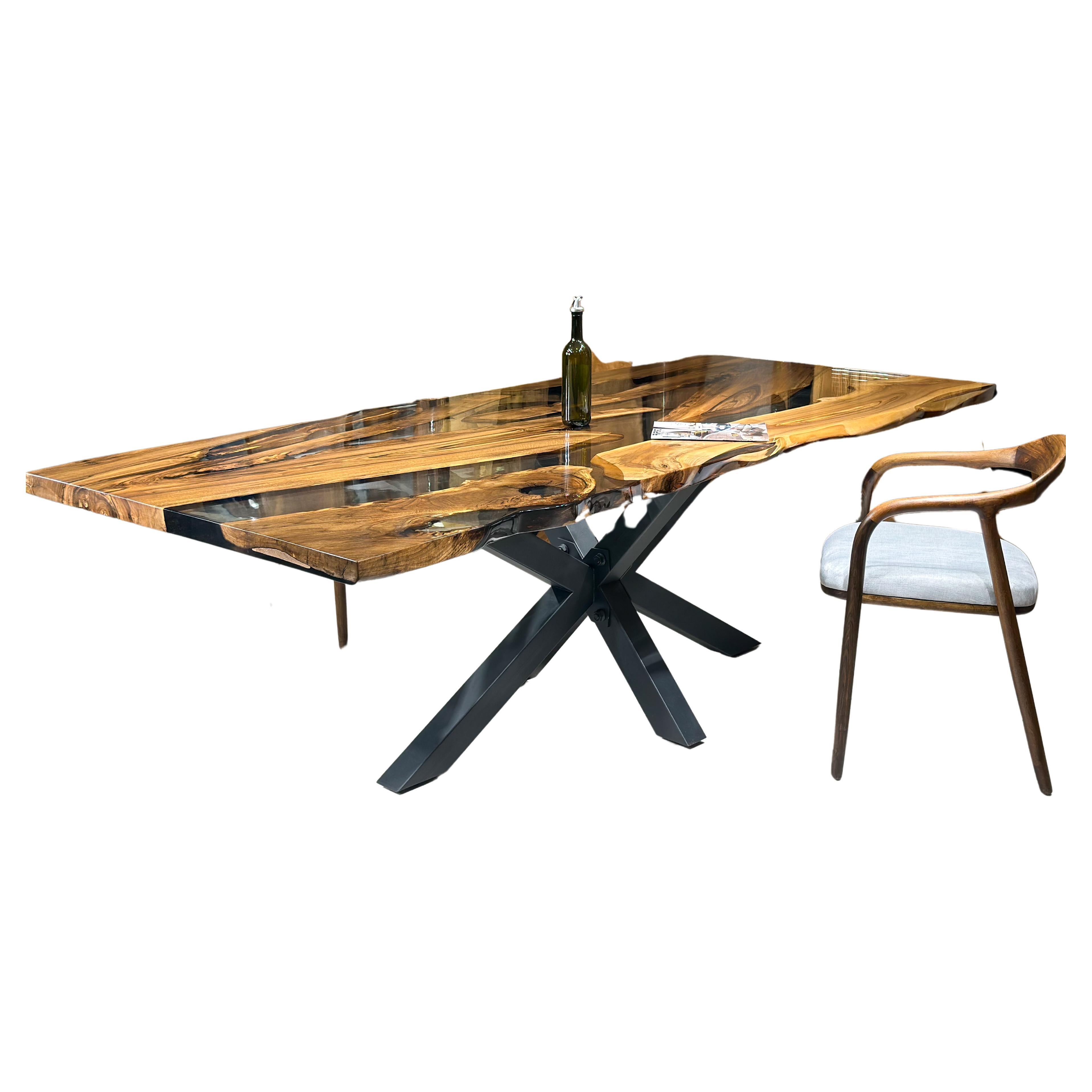 Mesa de comedor de resina epoxi de nogal negro - Mesa de madera a medida de canto vivo Artes y manualidades en venta