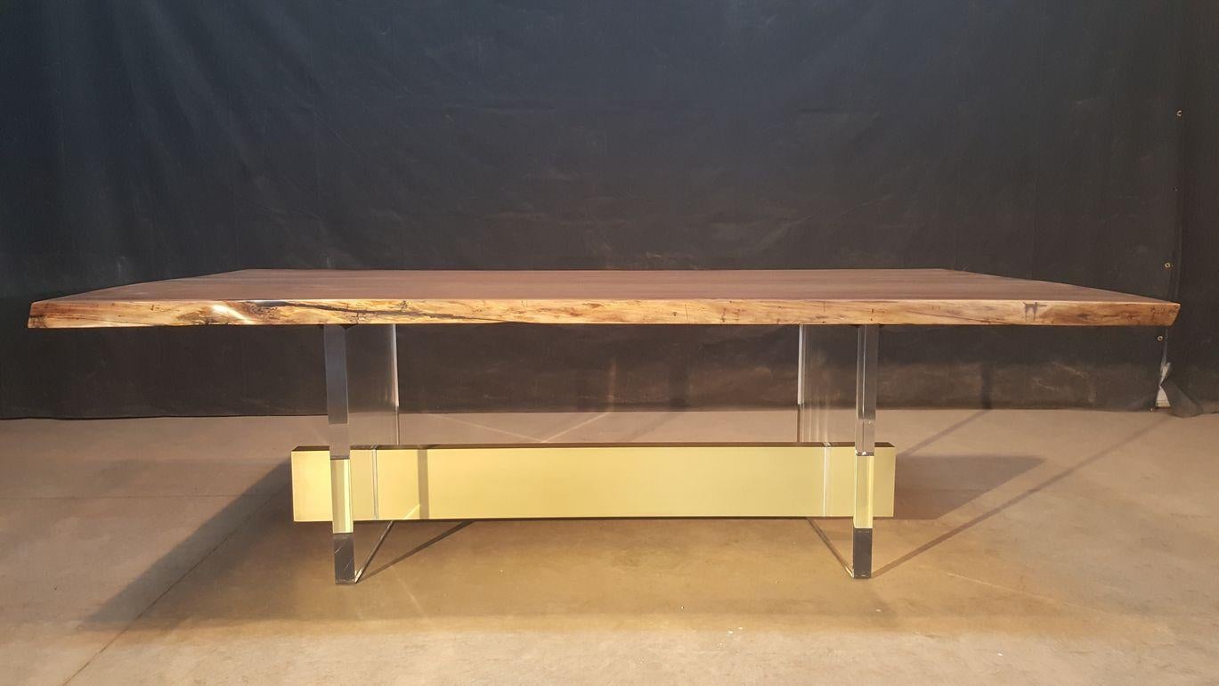 Modern Black Walnut Live Edge Dining Table with Acrylic legs and Bronze Sprandel In New Condition For Sale In Hobart, NY