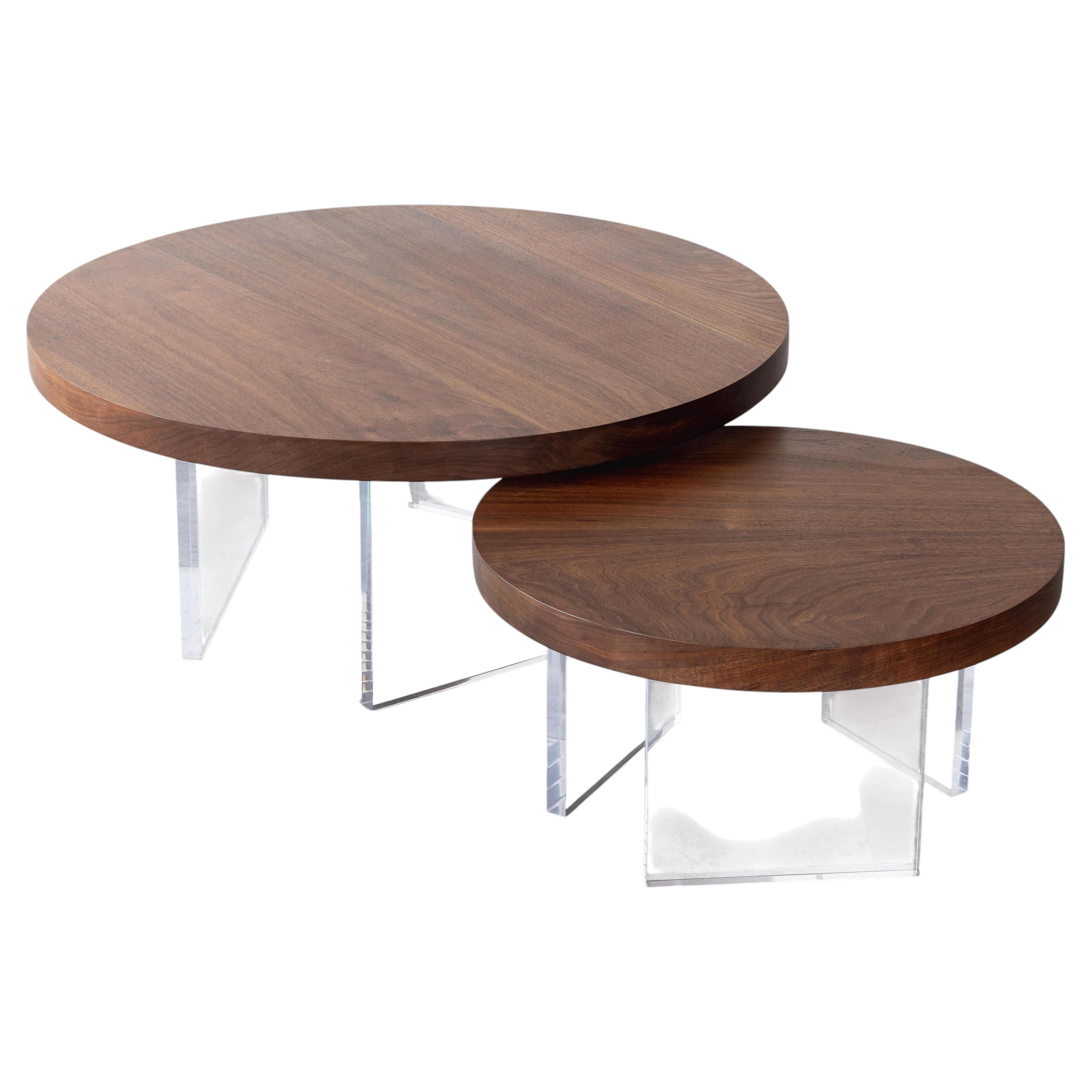 Black Walnut Nesting Coffee Table Set with Clear Acrylic Bases For Sale