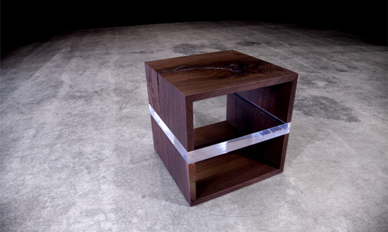 Side table / bench black walnut with intersecting acrylic.