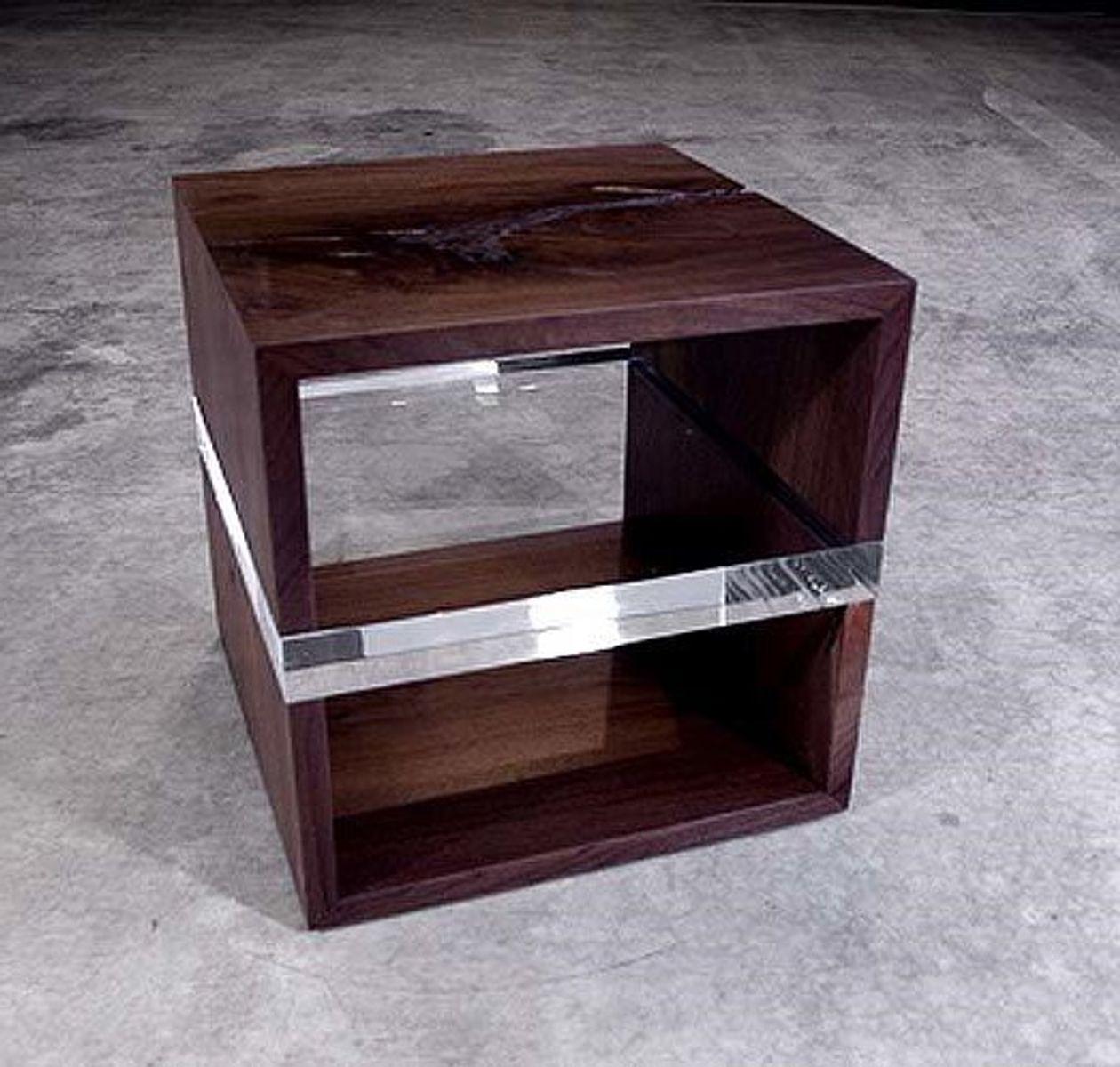 Contemporary Modern Black Walnut Side Table with Acrylic Shelf For Sale