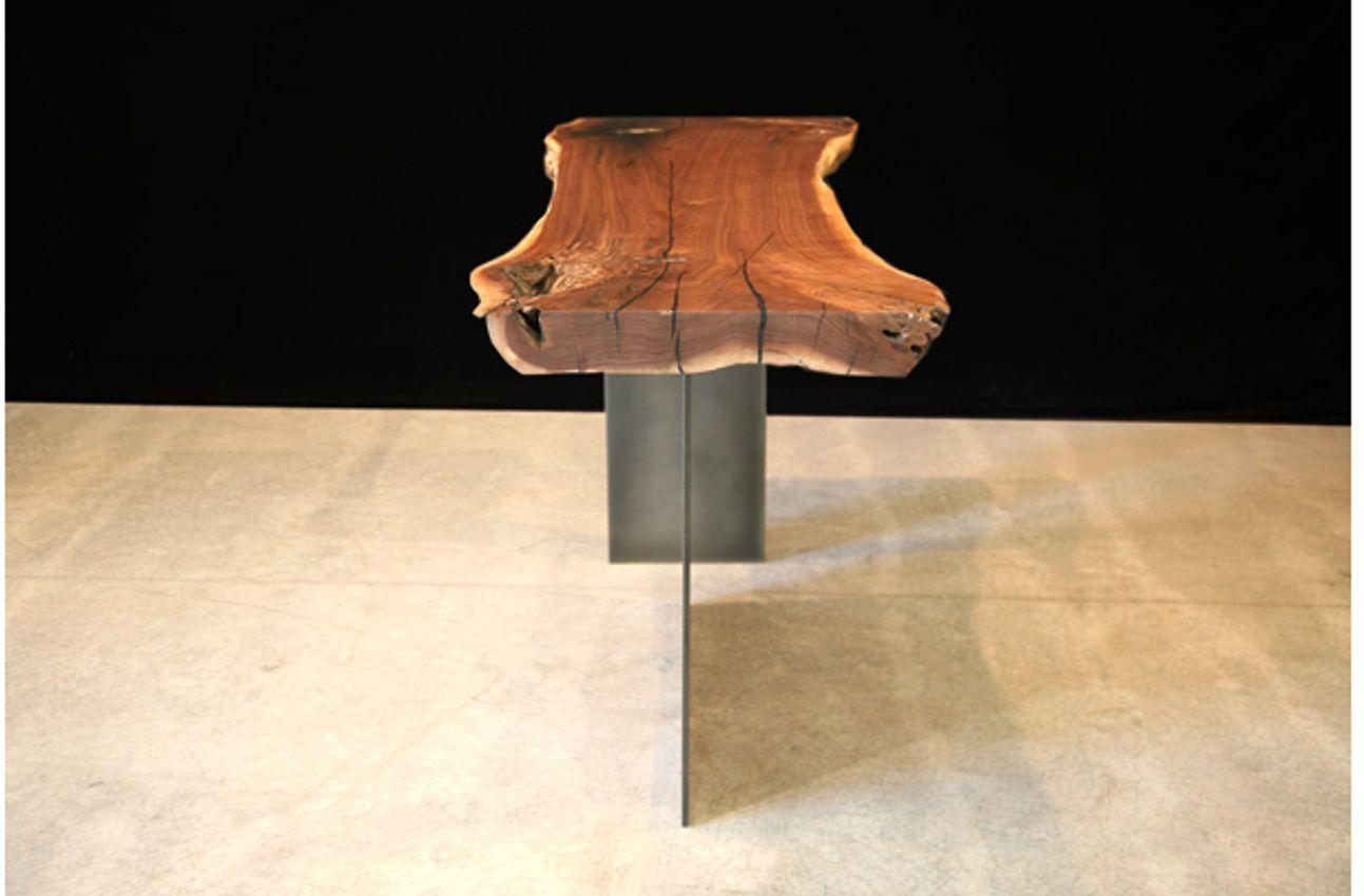 Modern Organic Live Edge Black Walnut Console with Bronze Patina Legs For Sale