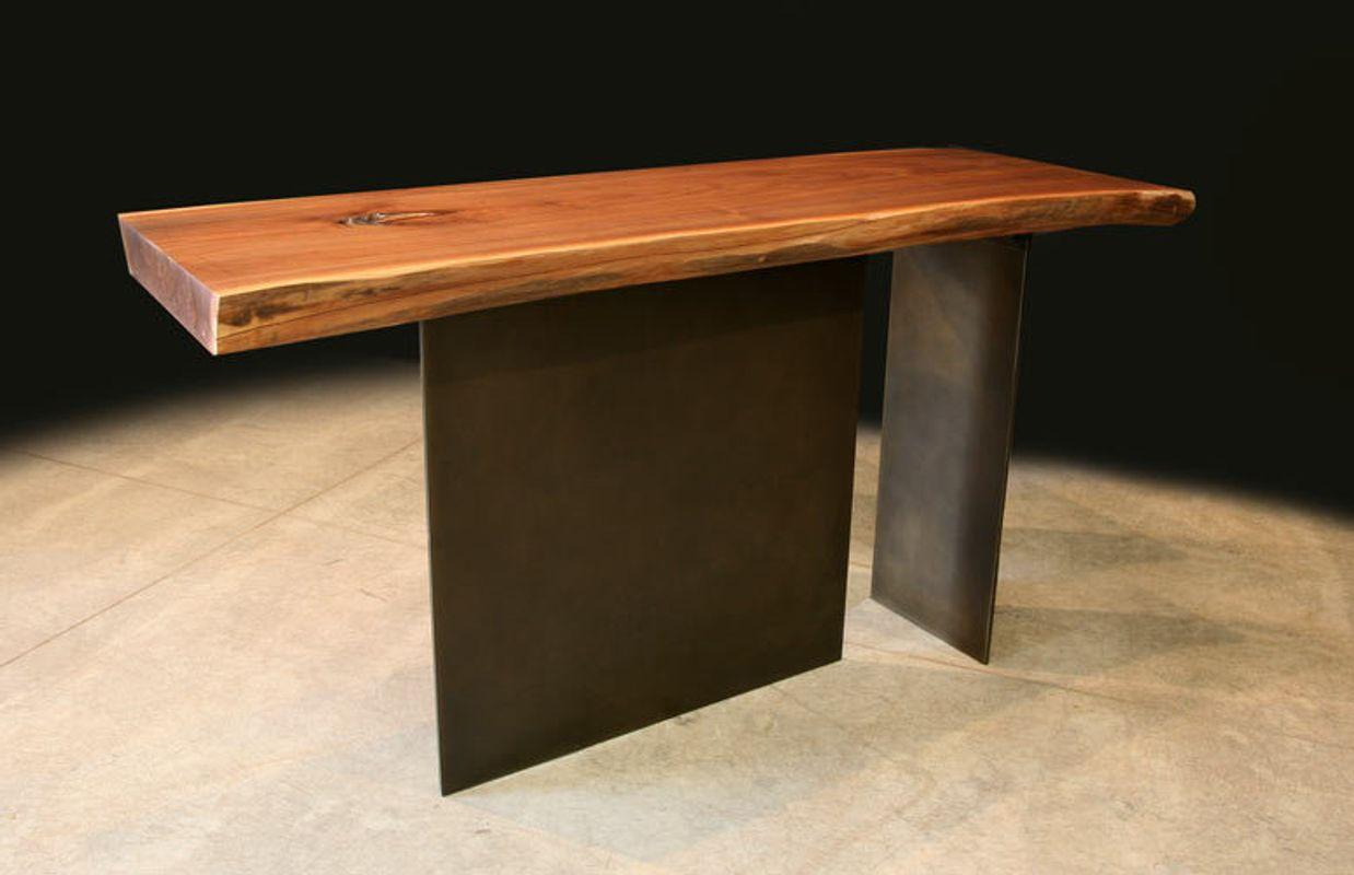 Contemporary Organic Live Edge Black Walnut Console with Bronze Patina Legs For Sale