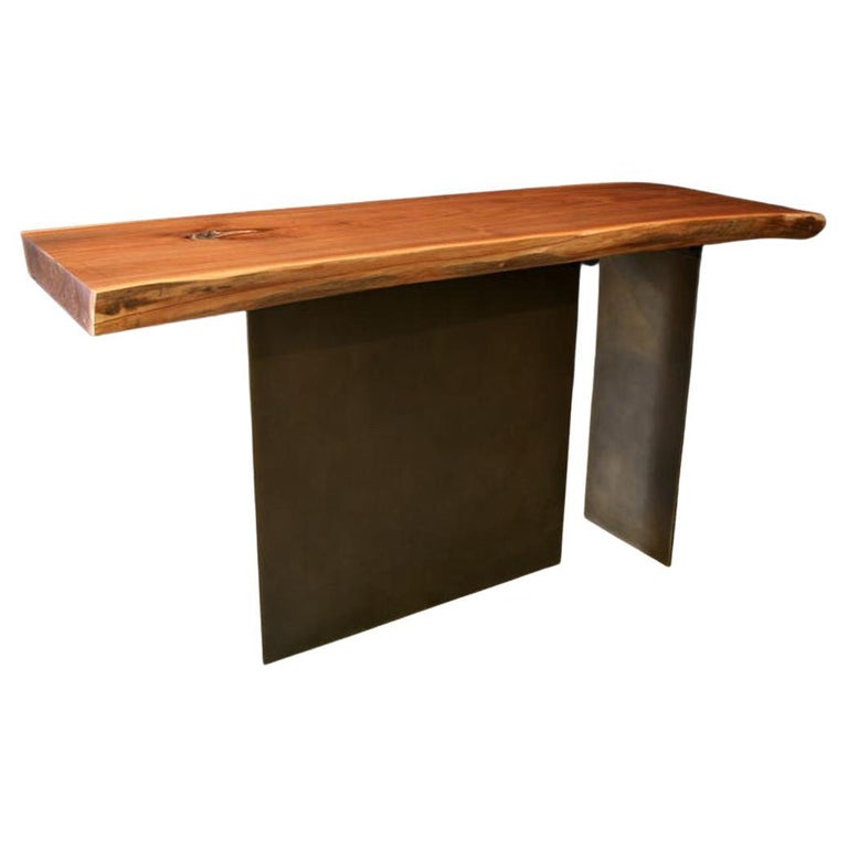 Organic Live Edge Black Walnut Console with Bronze Patina Legs For Sale ...