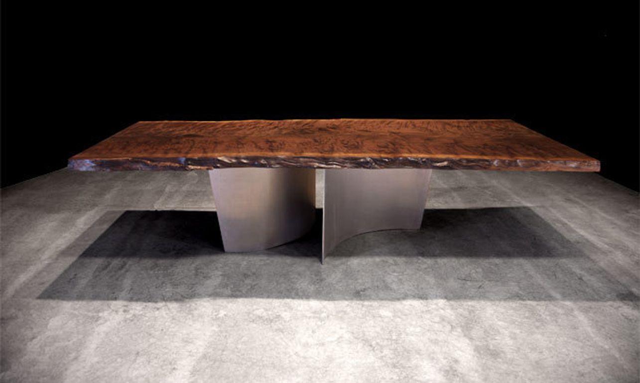 Modern Organic Black Walnut Live Edge Table with Curved Steel Legs For Sale