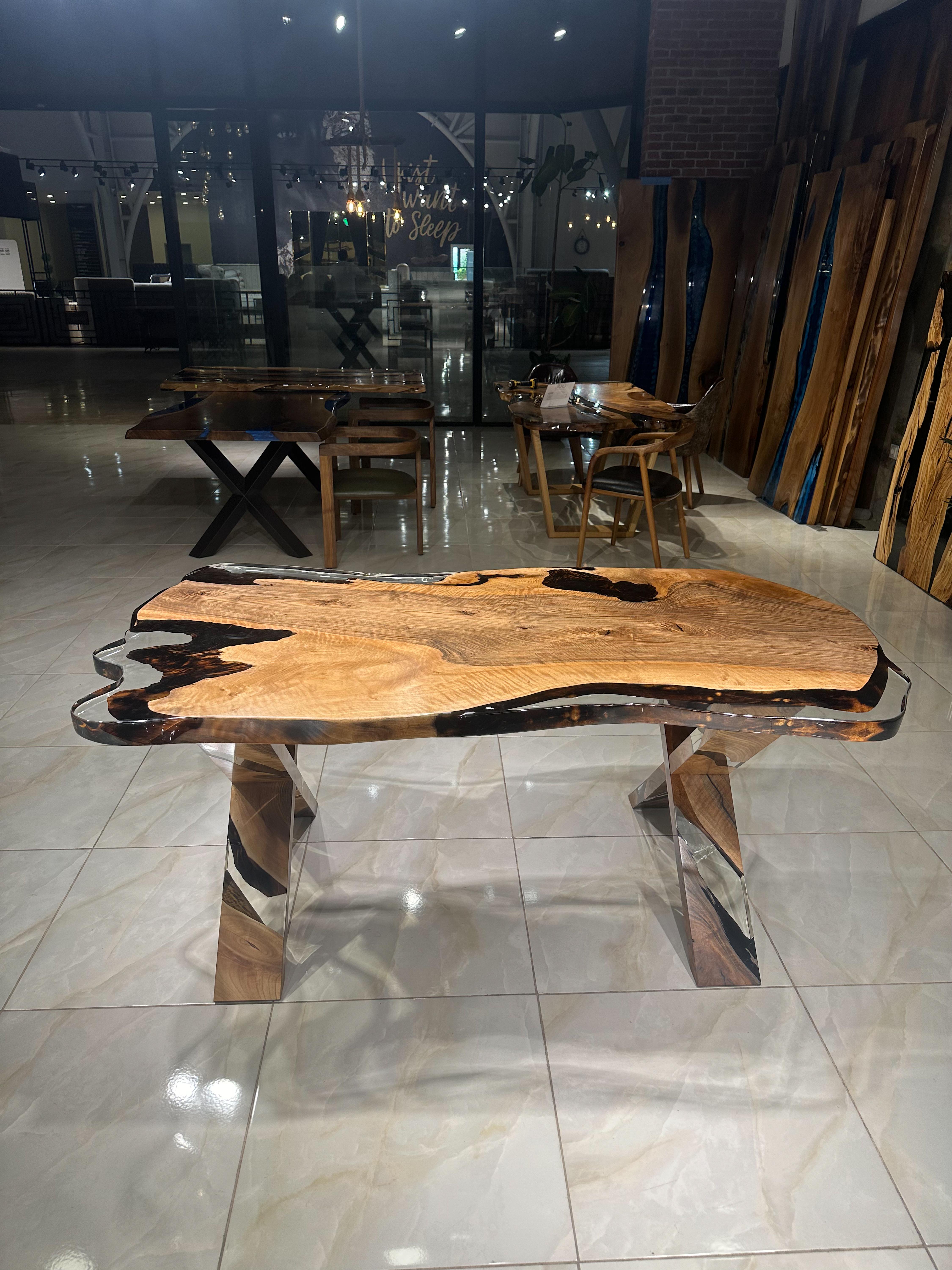 Arts and Crafts Clear Epoxy Walnut Table - Custom Solid Walnut Wood Epoxy Resin Dine Table For Sale