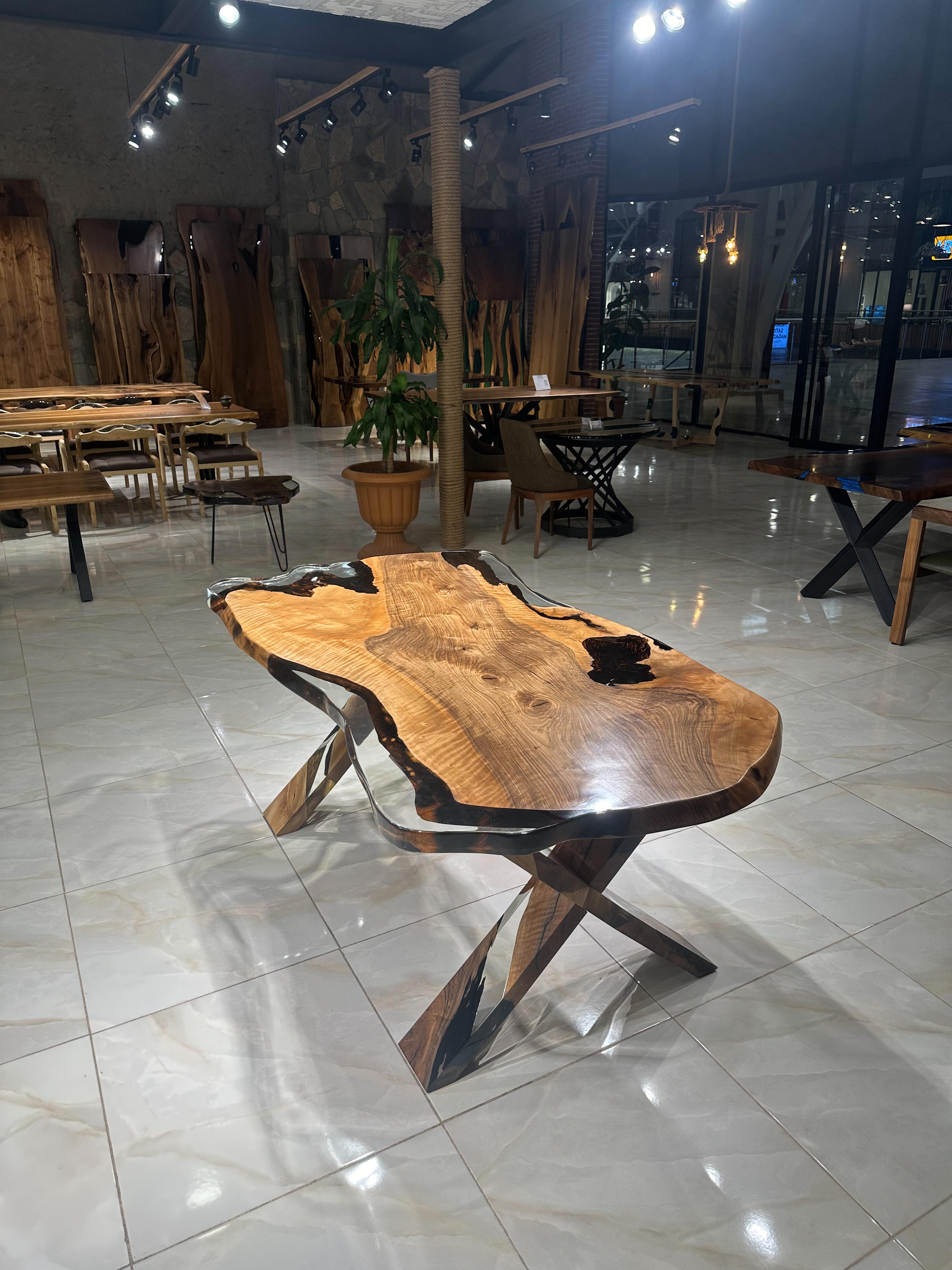 Turkish Clear Epoxy Walnut Table - Custom Solid Walnut Wood Epoxy Resin Dine Table For Sale