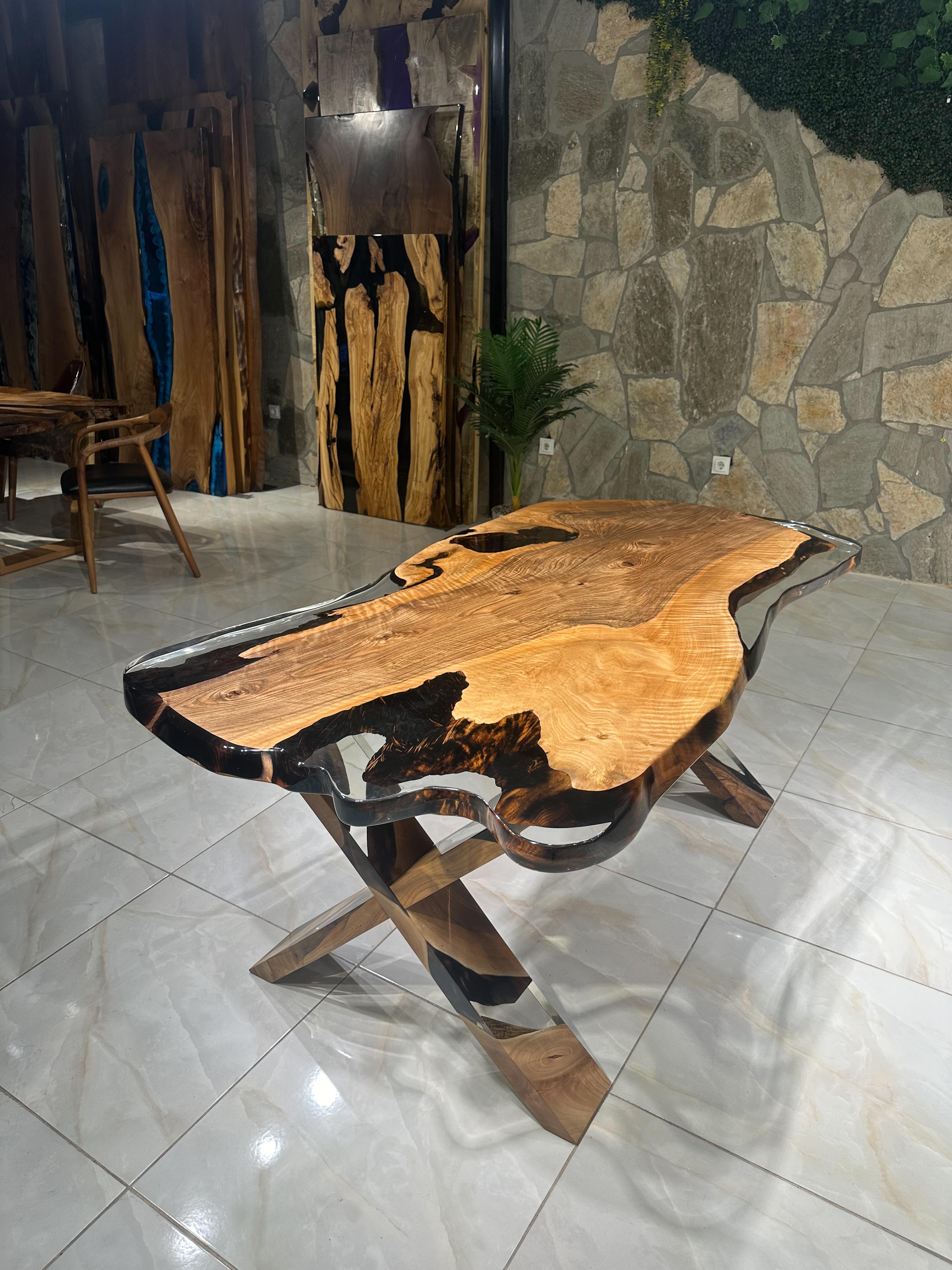 Hand-Carved Clear Epoxy Walnut Table - Custom Solid Walnut Wood Epoxy Resin Dine Table For Sale