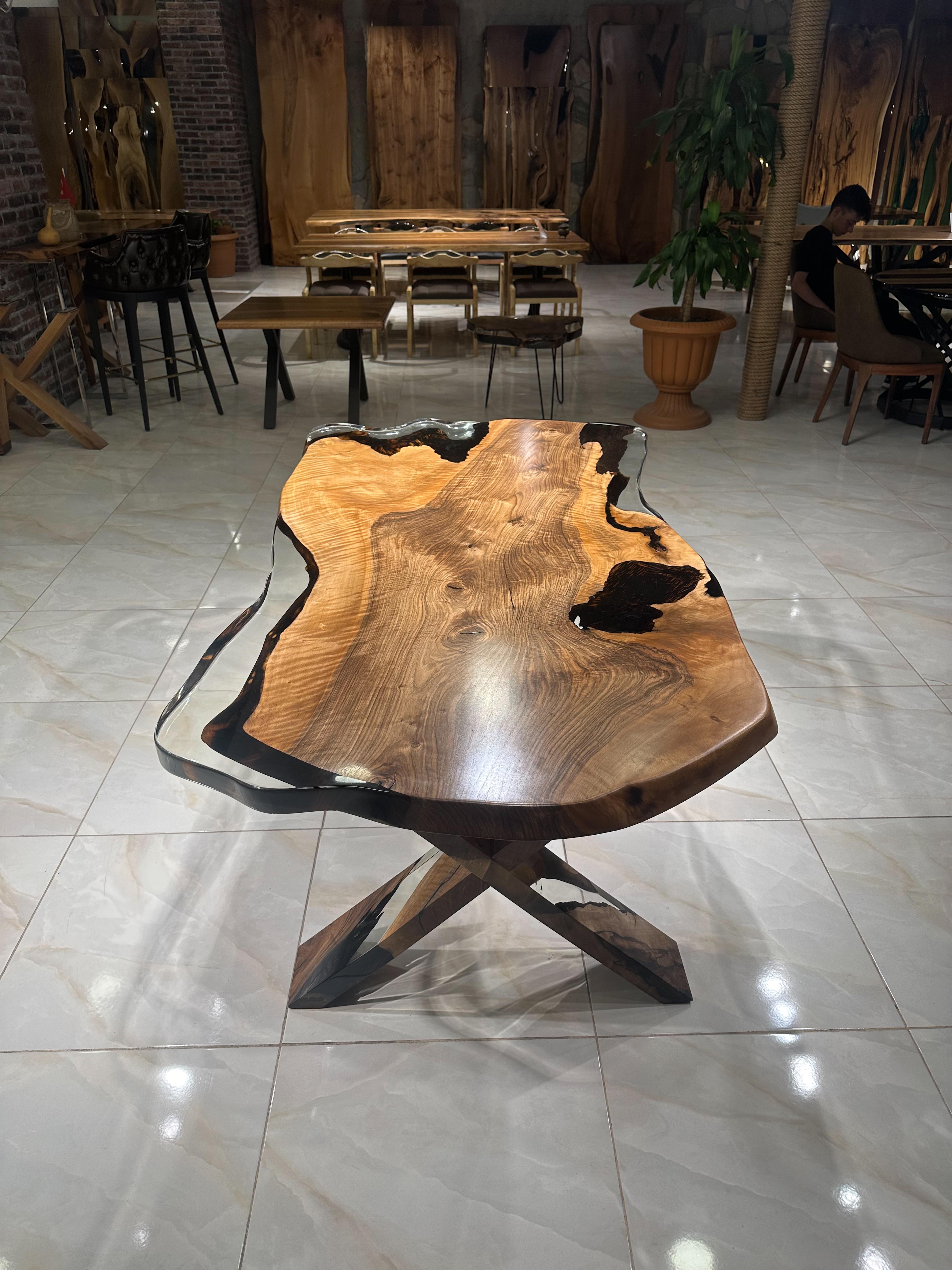 Contemporary Clear Epoxy Walnut Table - Custom Solid Walnut Wood Epoxy Resin Dine Table For Sale