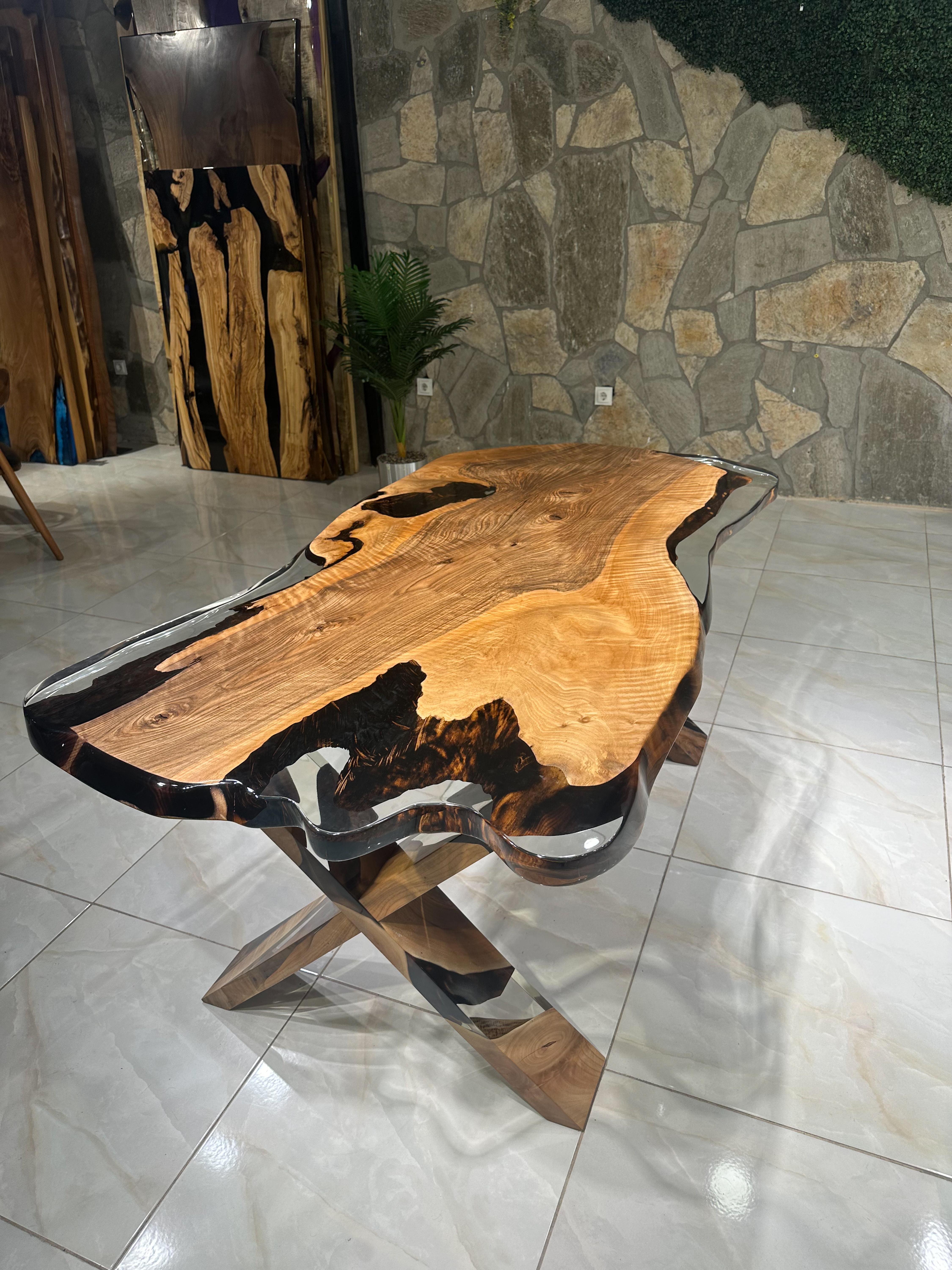 Clear Epoxy Walnut Table - Custom Solid Walnut Wood Epoxy Resin Dine Table For Sale 1