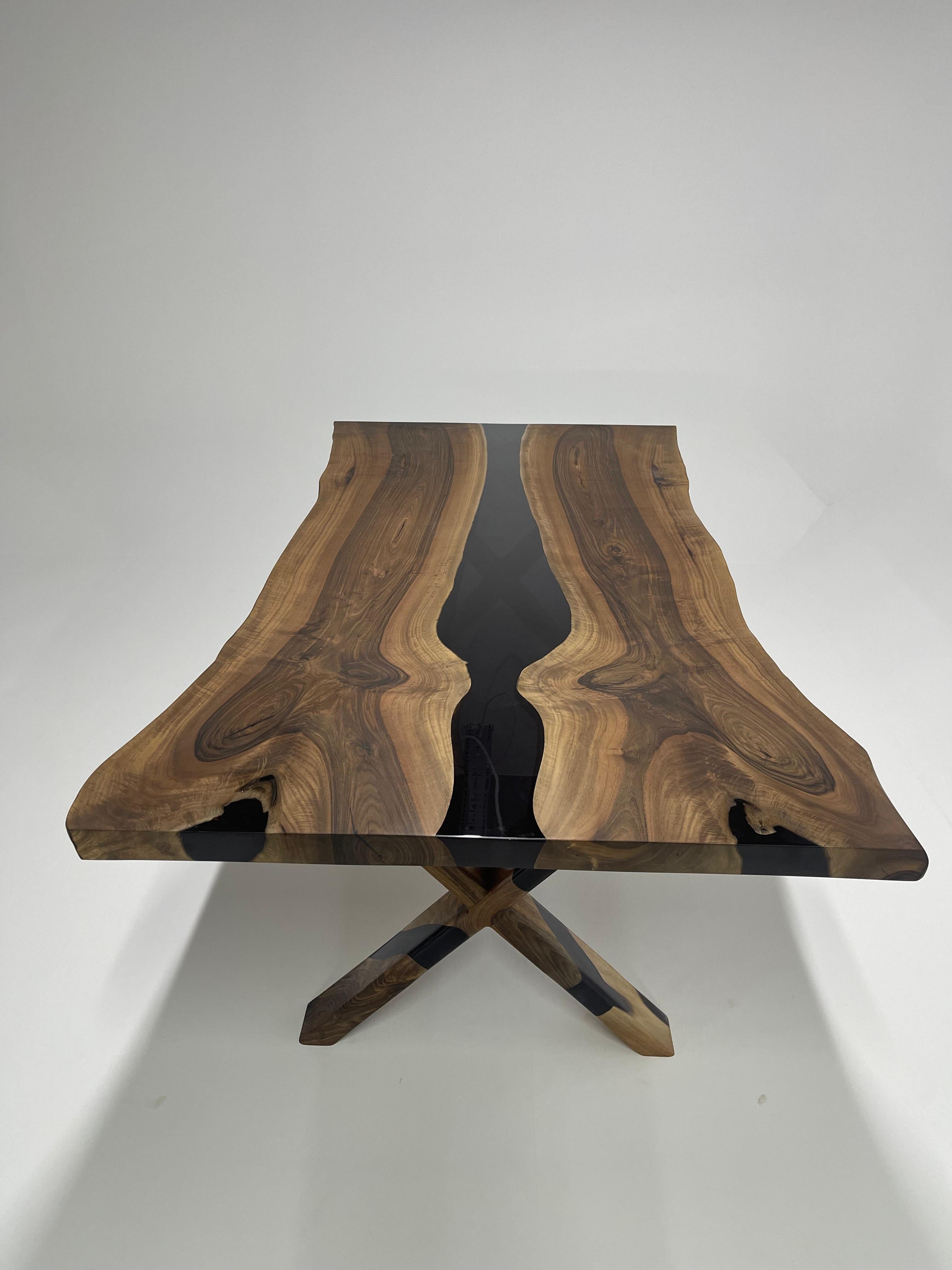 Brushed Black Walnut Wood Epoxy Resin Table - Handmade Luxury Custom Furniture For Sale
