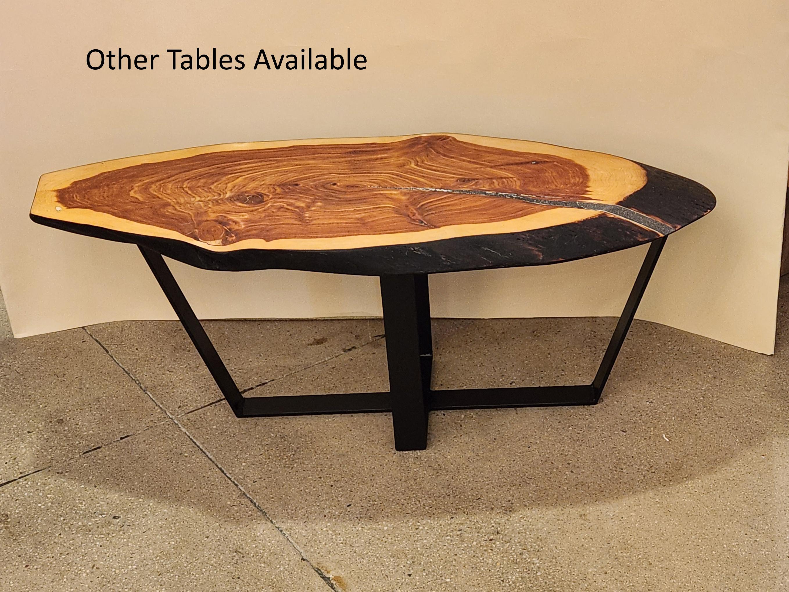 Steel Black Walnut Wood Slab Coffee Table by Creation Therrier For Sale