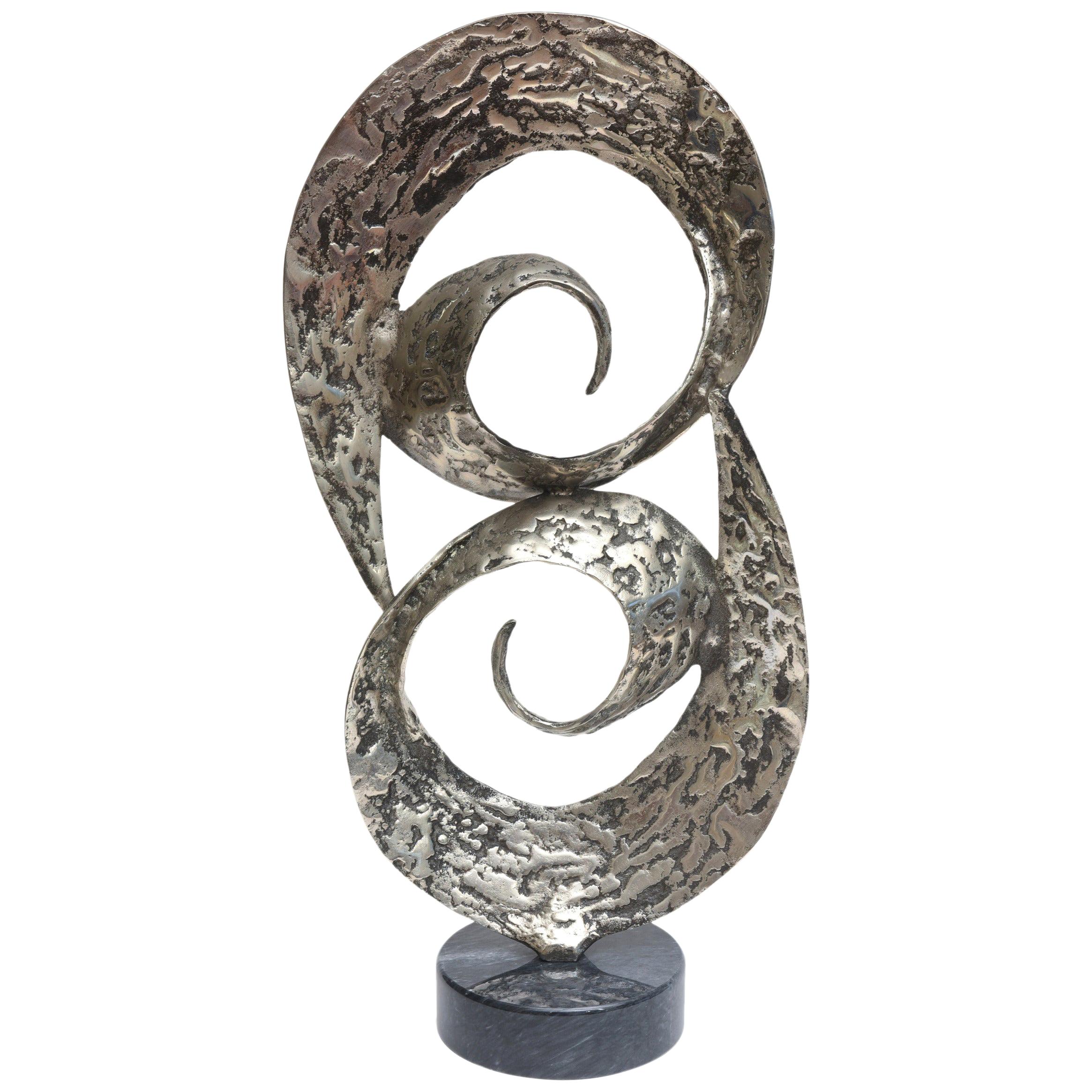 Black Washed and Hand-Hammered Aluminum and Marble Sculpture Vintage For Sale