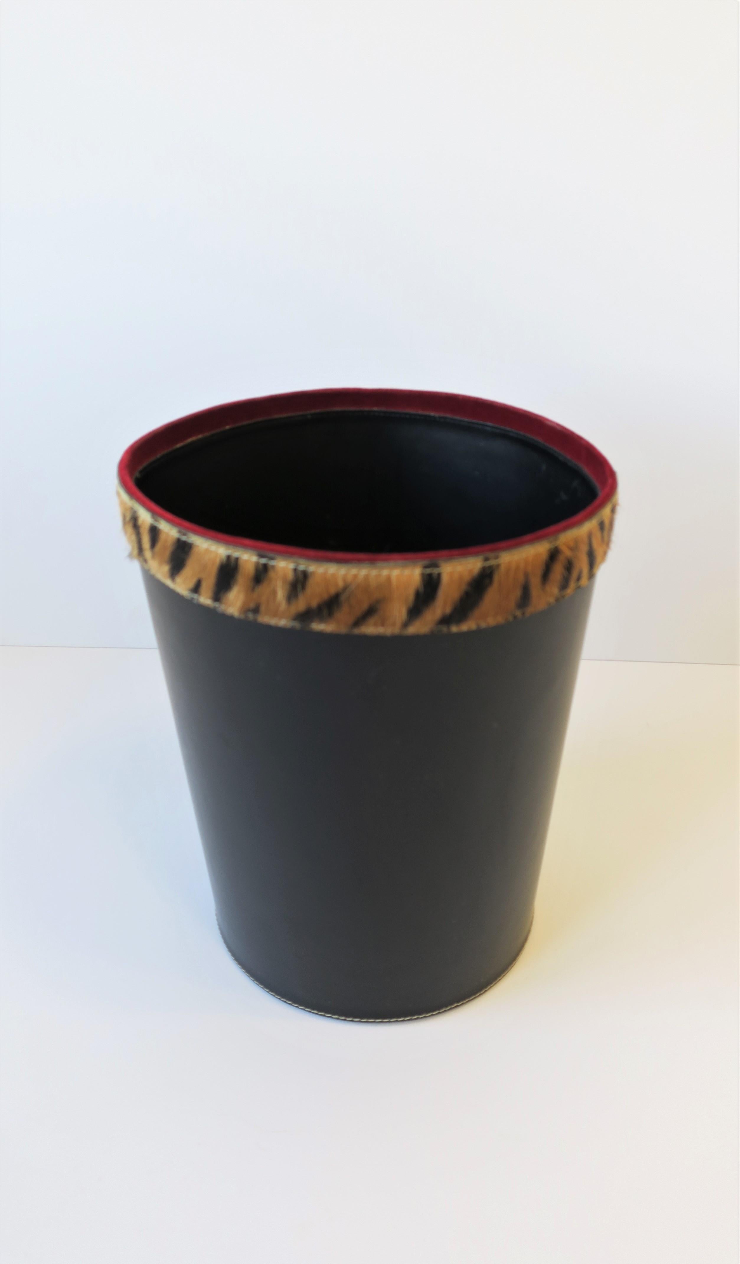 Art Deco Black Wastebasket or Trash Can with Tiger or Leopard Animal Hide Design