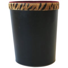 Vintage Black Wastebasket or Trash Can with Tiger or Leopard Animal Hide Design