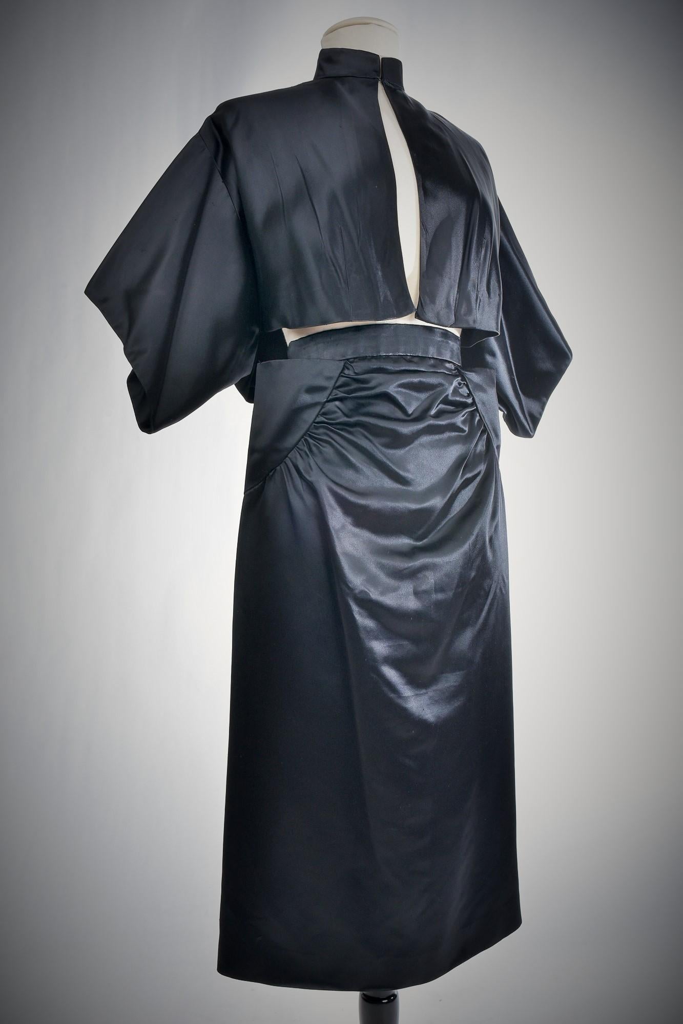 Black Waxed Satin Trapèze Bolero & Skirt by Vatan Couture France Circa 1960 6