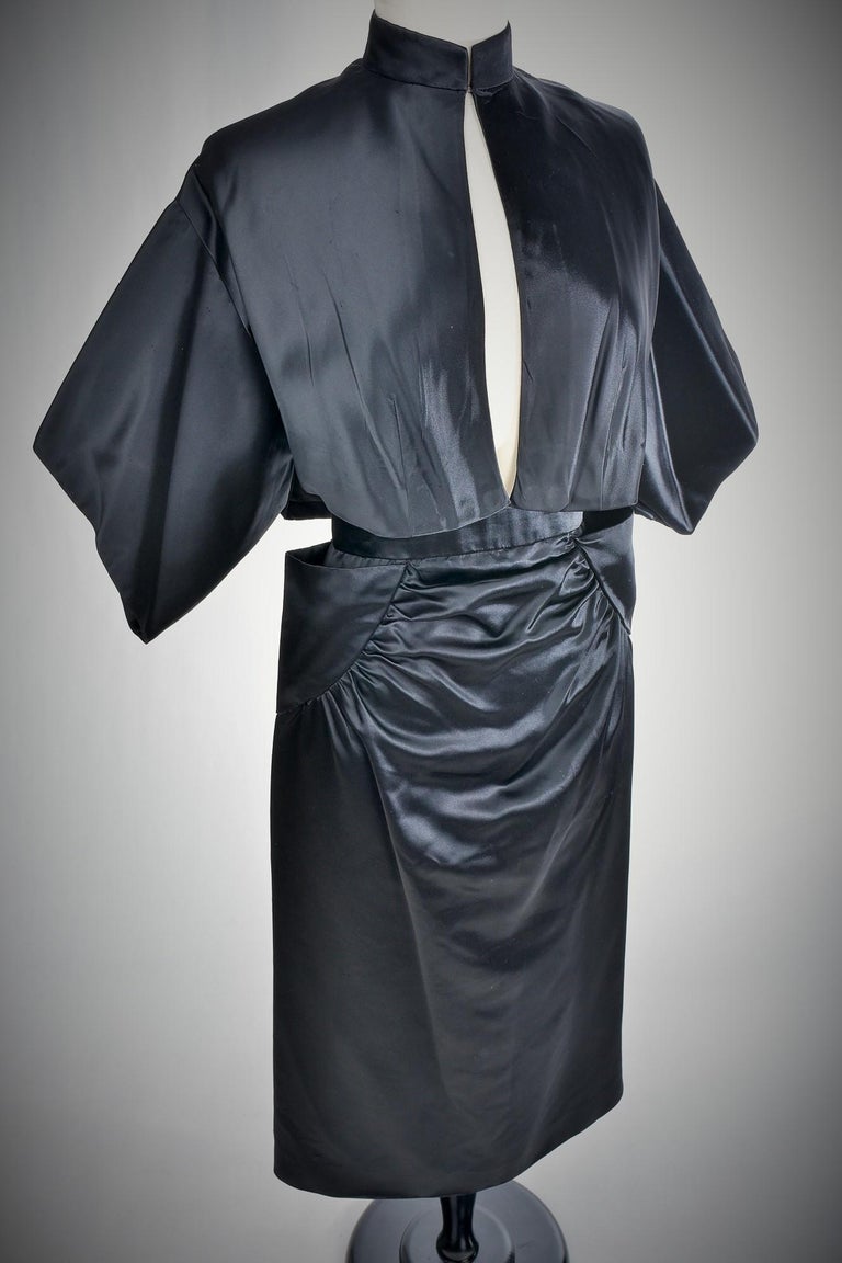 Black Waxed Satin Trapèze Bolero & Skirt by Vatan Couture France Circa 1960 For Sale 7