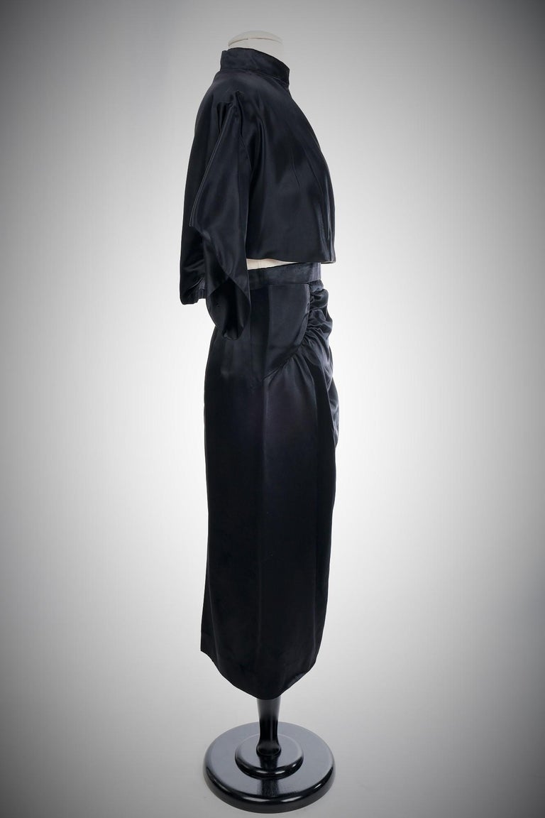 Black Waxed Satin Trapèze Bolero & Skirt by Vatan Couture France Circa 1960 For Sale 8