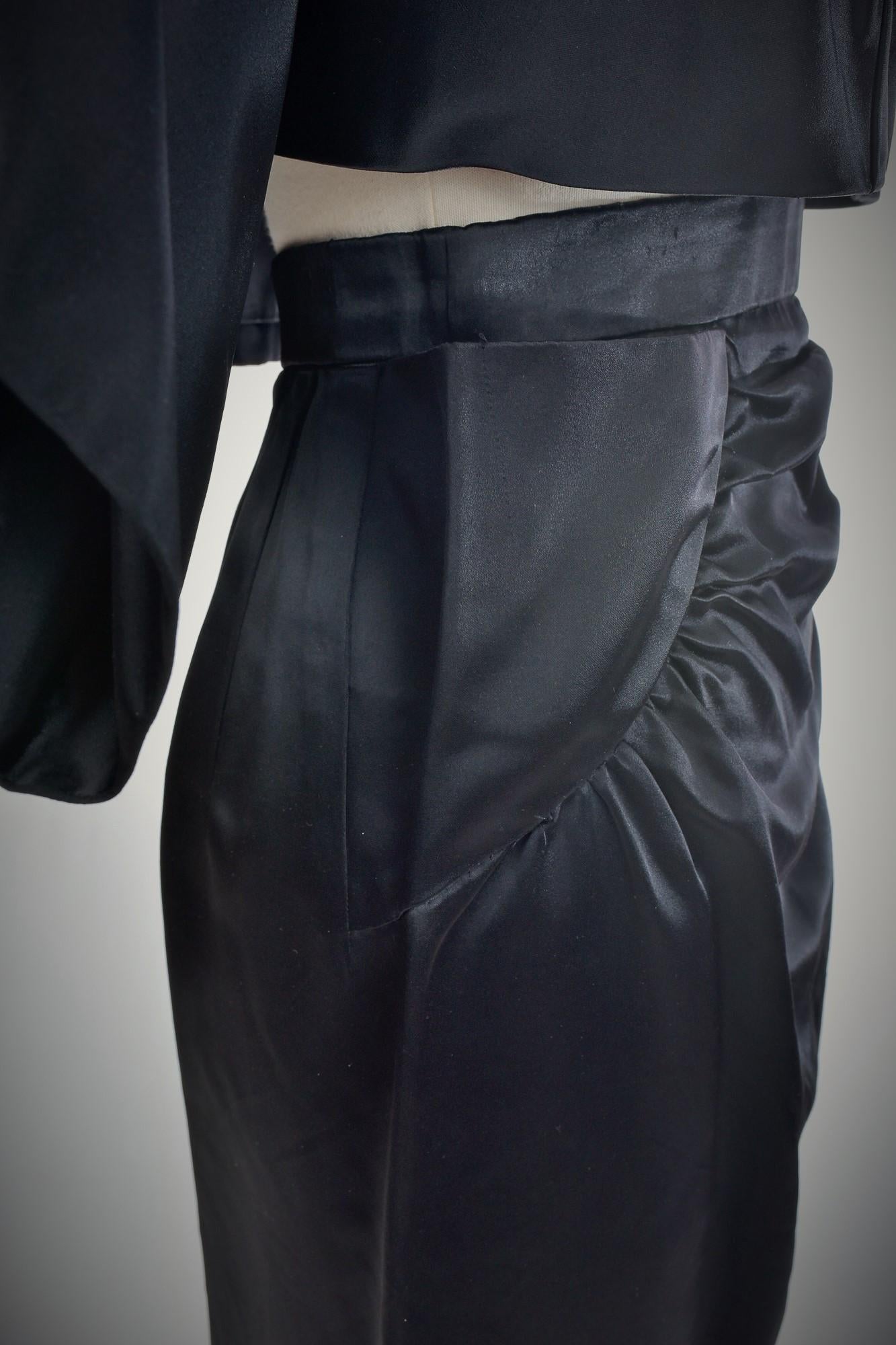 Black Waxed Satin Trapèze Bolero & Skirt by Vatan Couture France Circa 1960 9