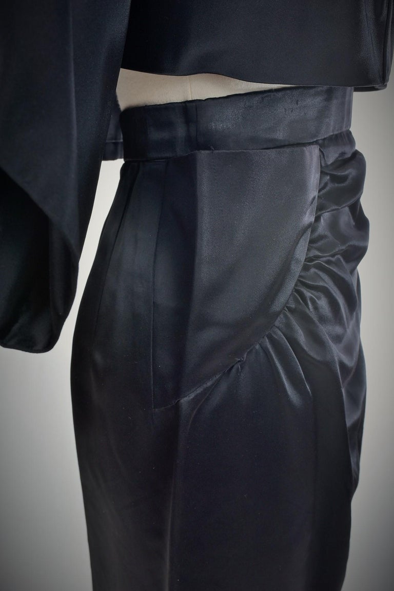 Black Waxed Satin Trapèze Bolero & Skirt by Vatan Couture France Circa 1960 For Sale 9