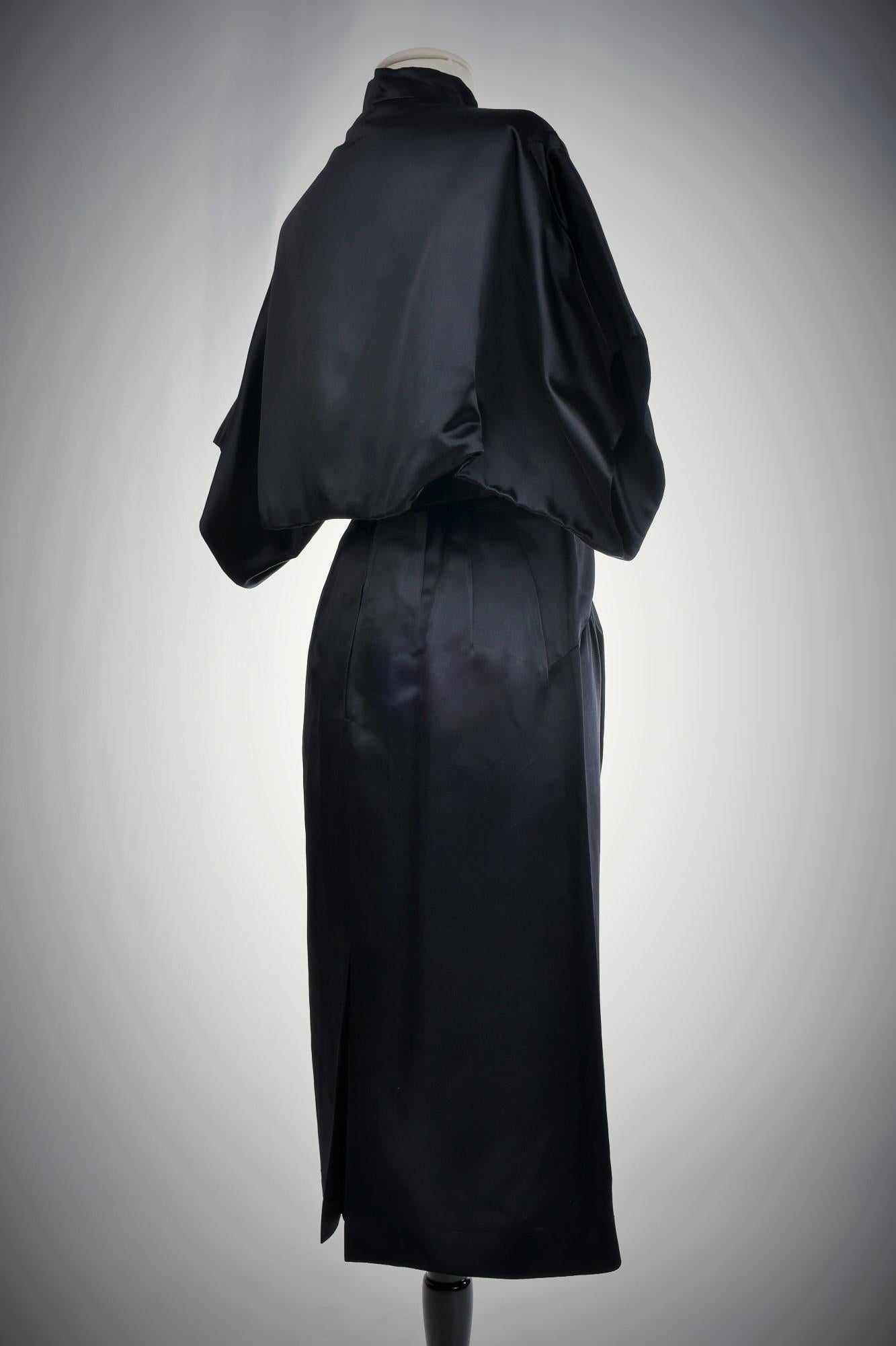 Black Waxed Satin Trapèze Bolero & Skirt by Vatan Couture France Circa 1960 For Sale 10