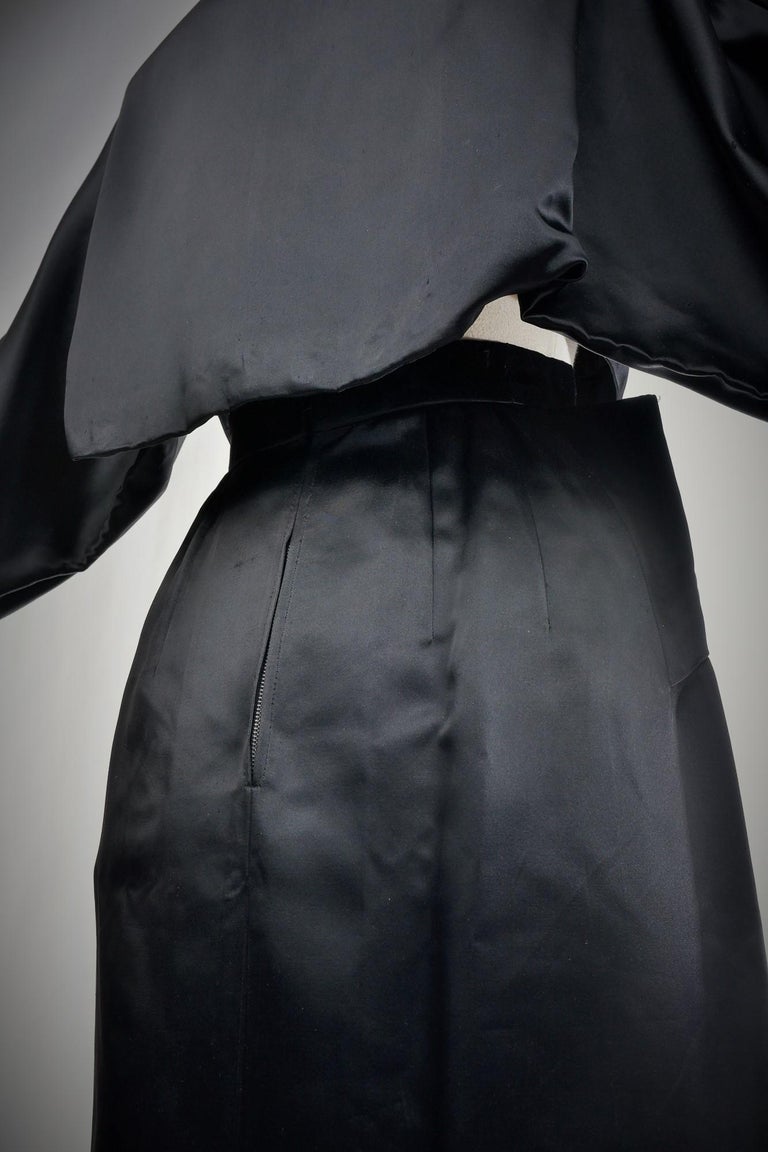 Black Waxed Satin Trapèze Bolero & Skirt by Vatan Couture France Circa 1960 For Sale 11