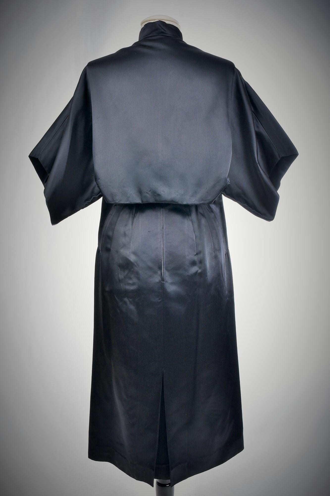 Black Waxed Satin Trapèze Bolero & Skirt by Vatan Couture France Circa 1960 For Sale 12