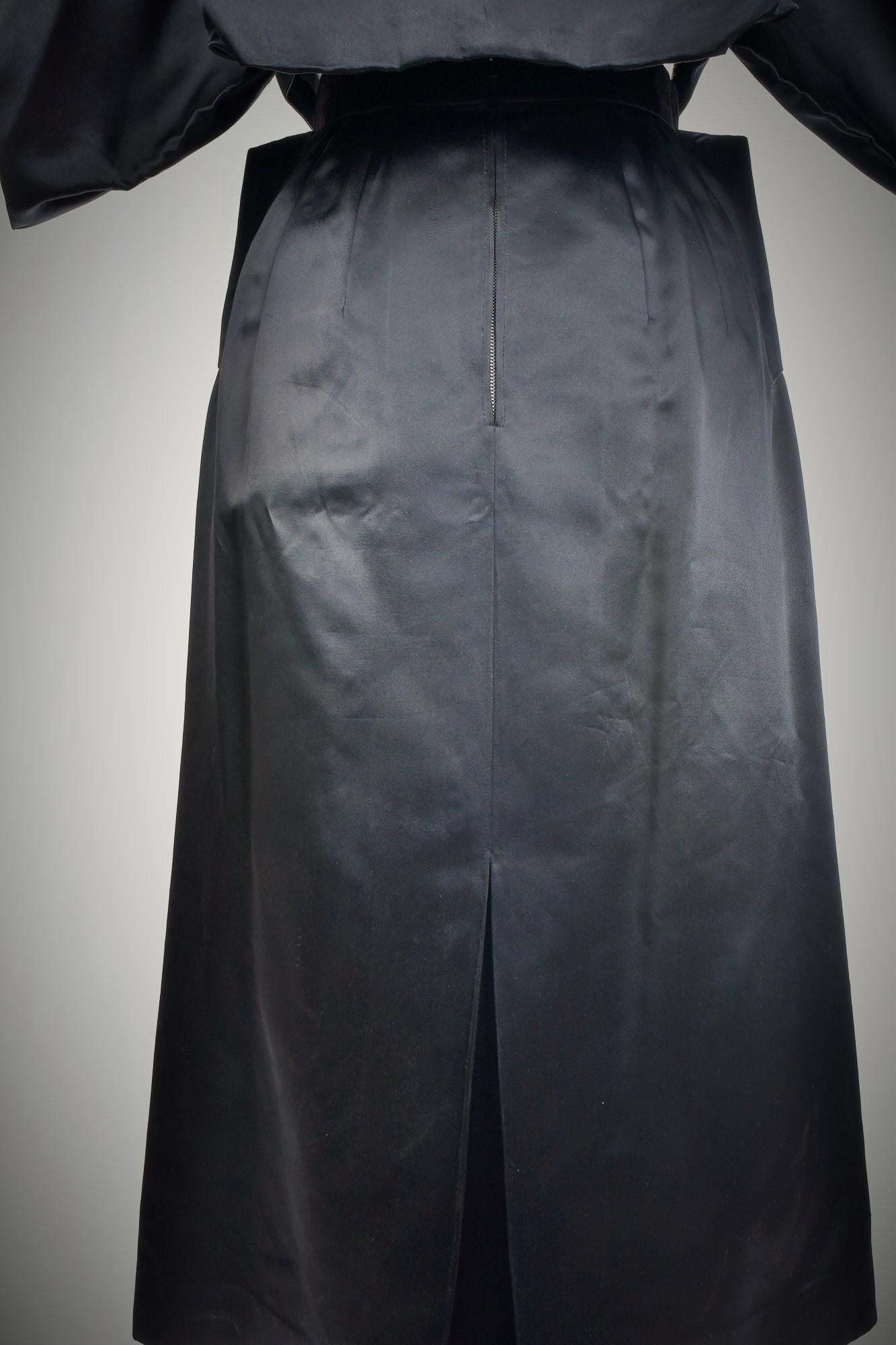 Black Waxed Satin Trapèze Bolero & Skirt by Vatan Couture France Circa 1960 For Sale 13
