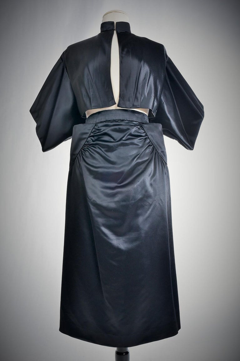 Black Waxed Satin Trapèze Bolero & Skirt by Vatan Couture France Circa 1960 For Sale 2