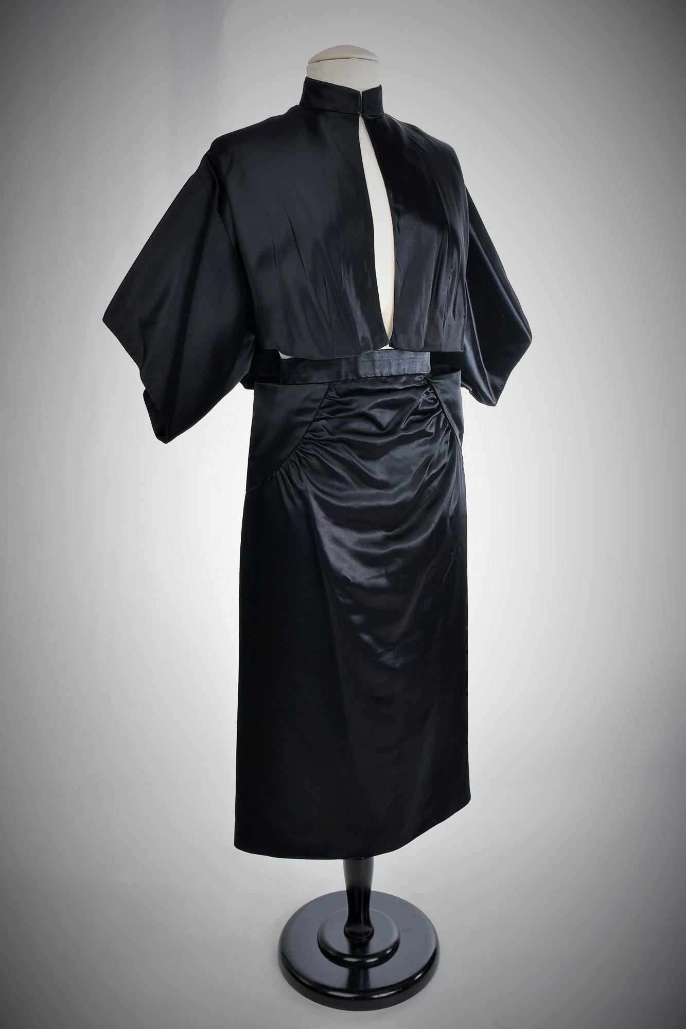 Black Waxed Satin Trapèze Bolero & Skirt by Vatan Couture France Circa 1960 For Sale 5