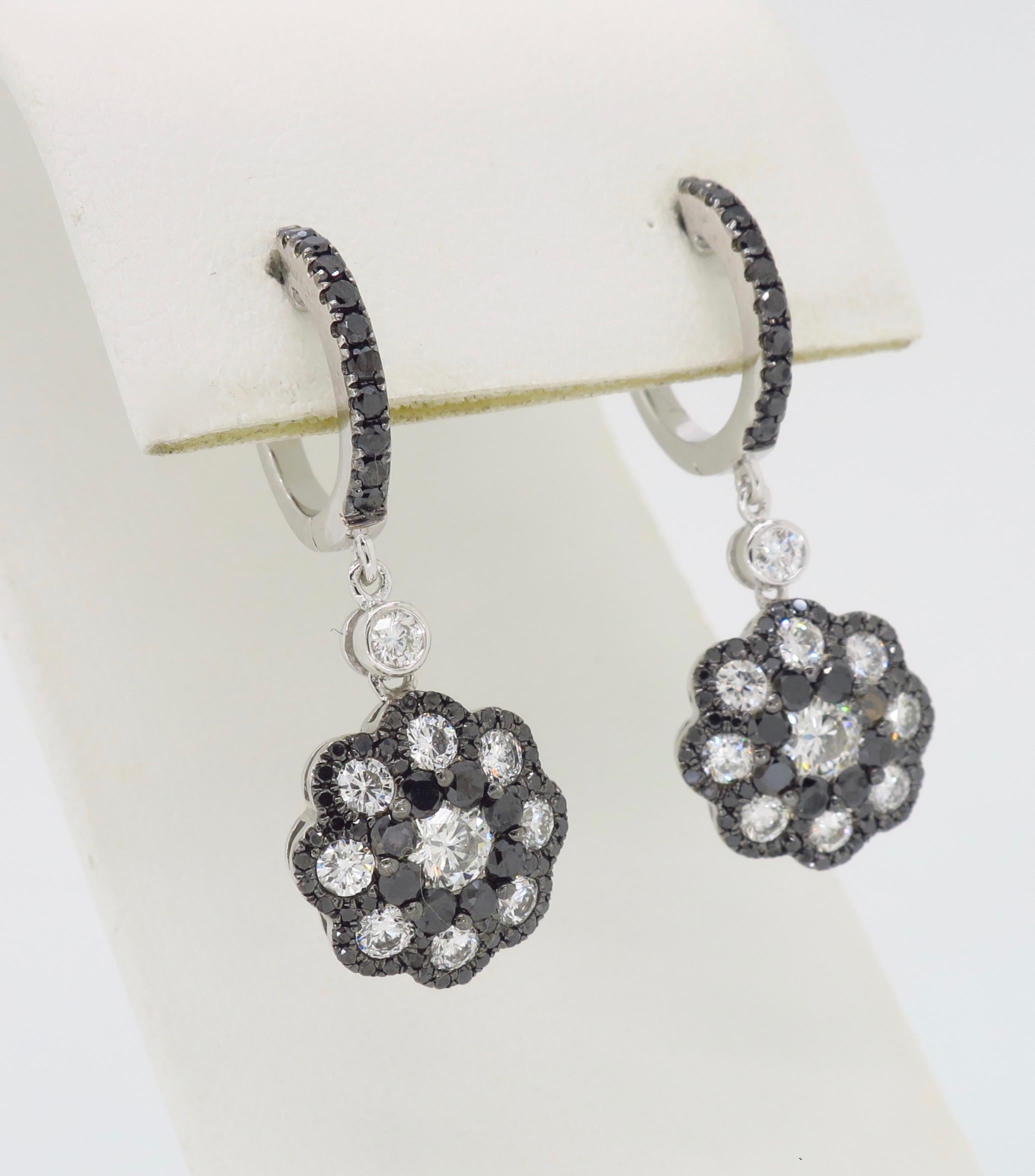 Round Cut Black and White 2.21 Carat Diamond Drop Earrings