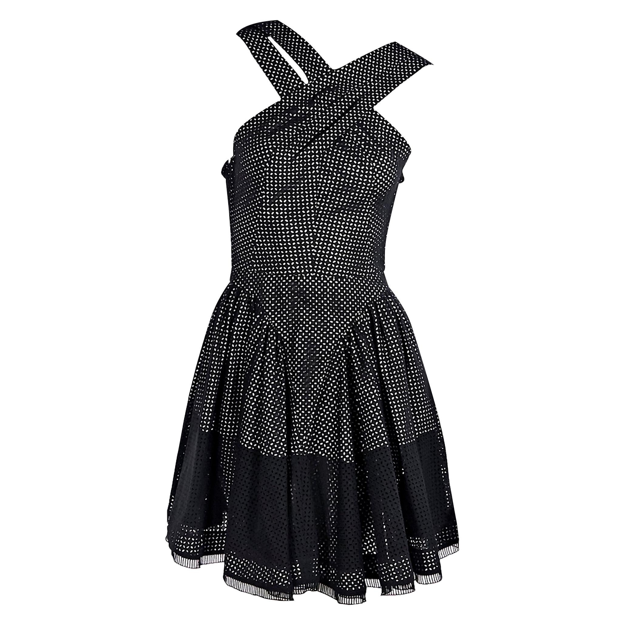 Black & White Alaia Eyelet Cotton Fit-and-Flare Dress