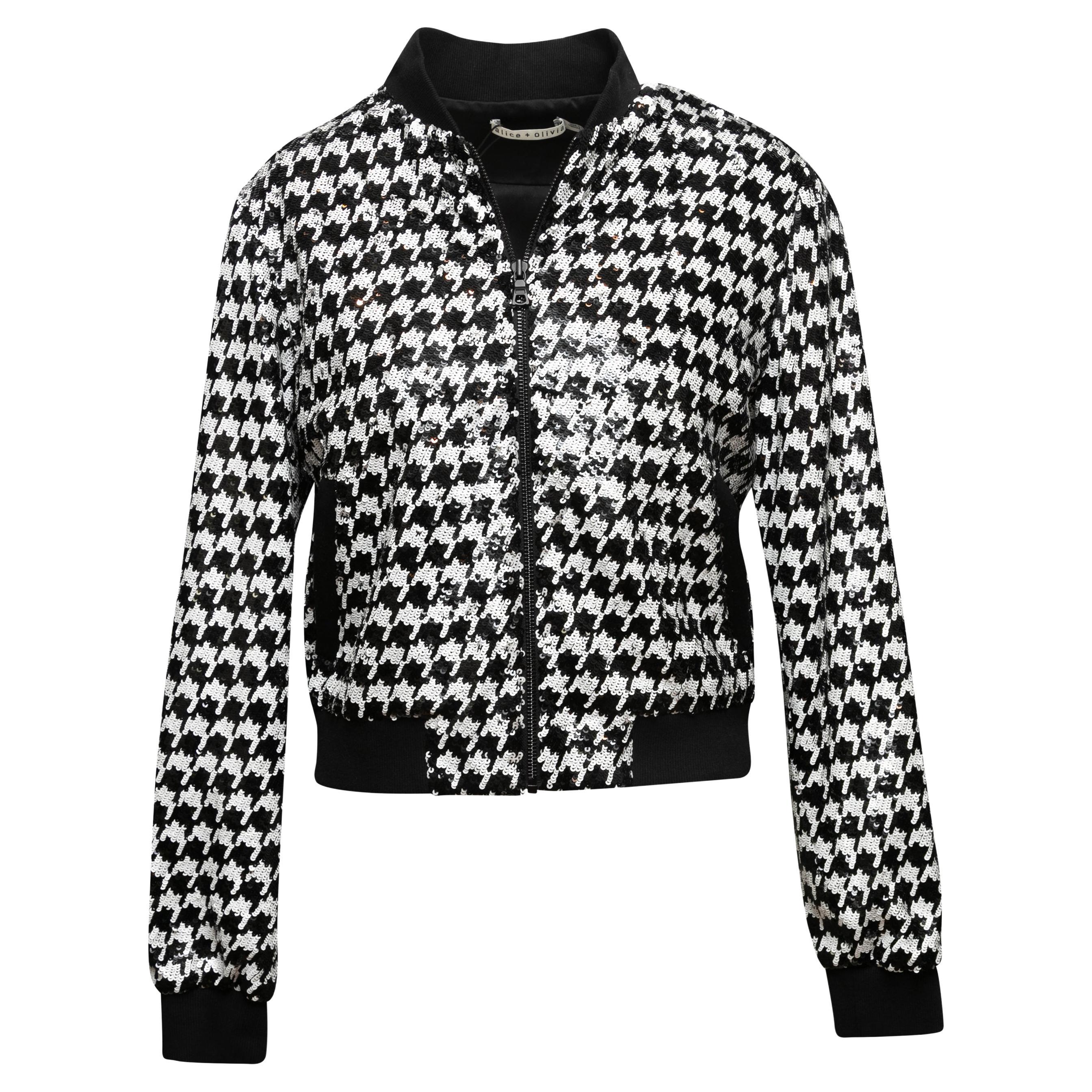 Black & White Alice + Olivia Sequined Houndstooth Jacket Size US S For Sale