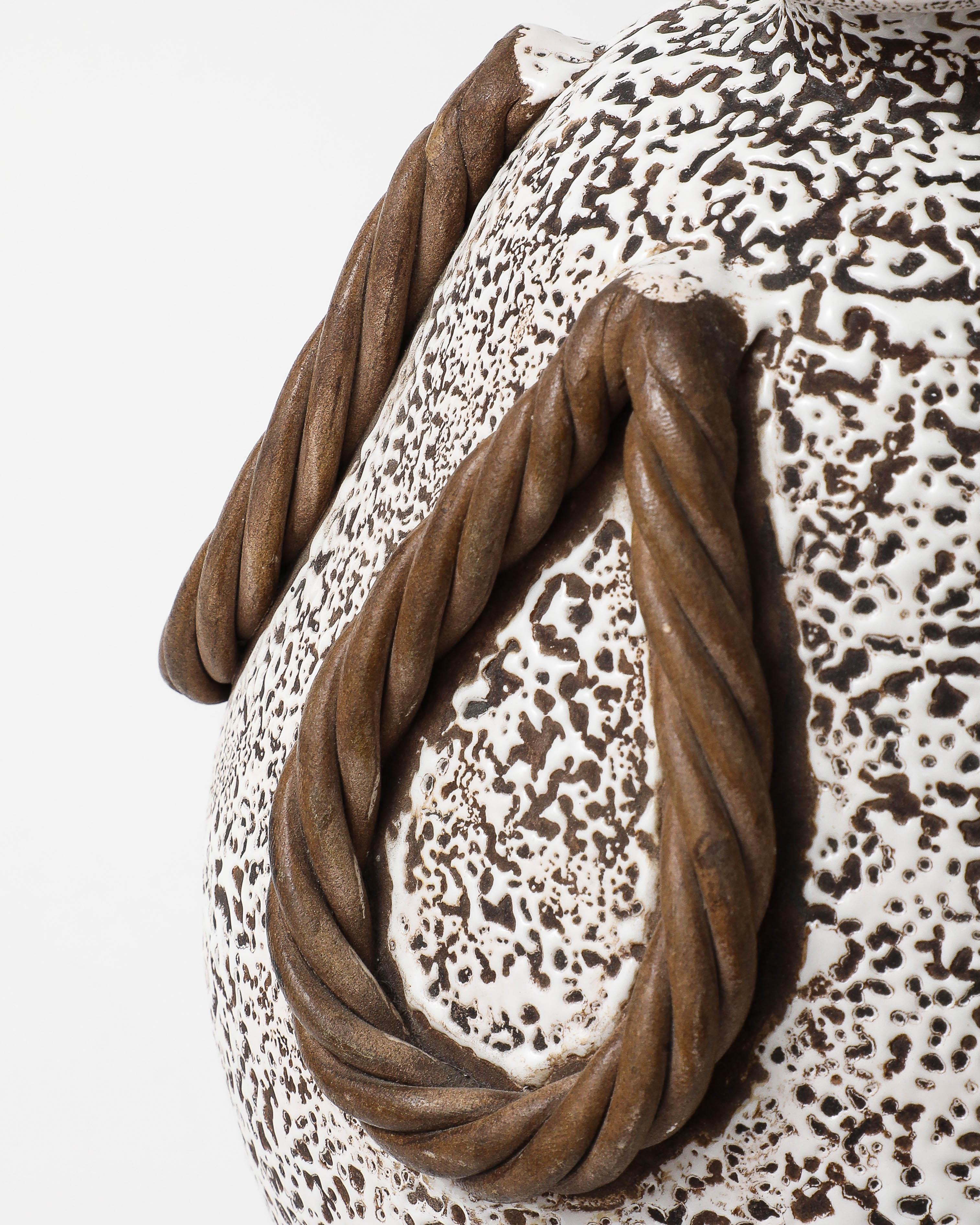 Black White and Brown Medium Sized Glazed Ceramic Textured Table Lamp by Keramos en vente 2