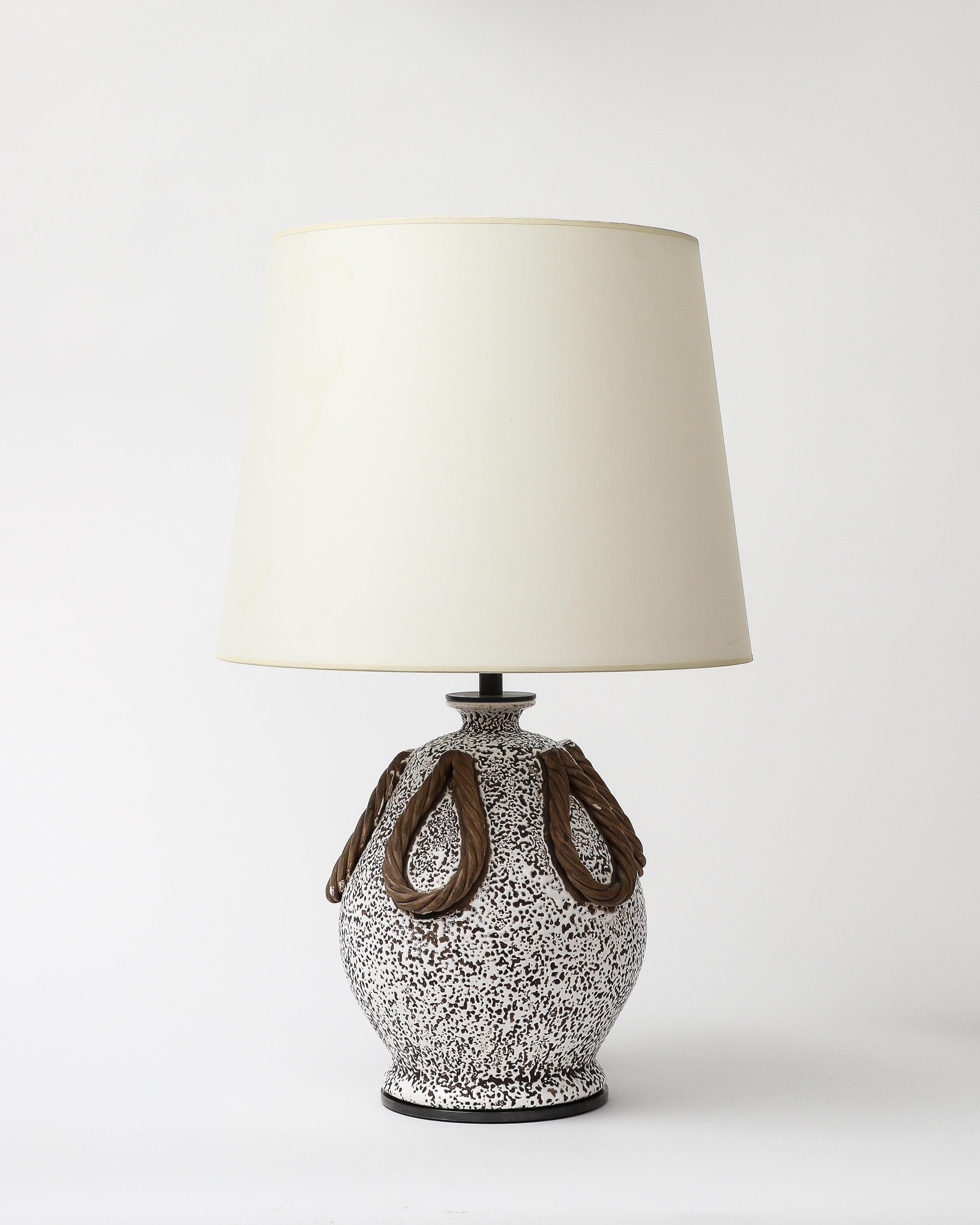Moderne Black White and Brown Medium Sized Glazed Ceramic Textured Table Lamp by Keramos en vente