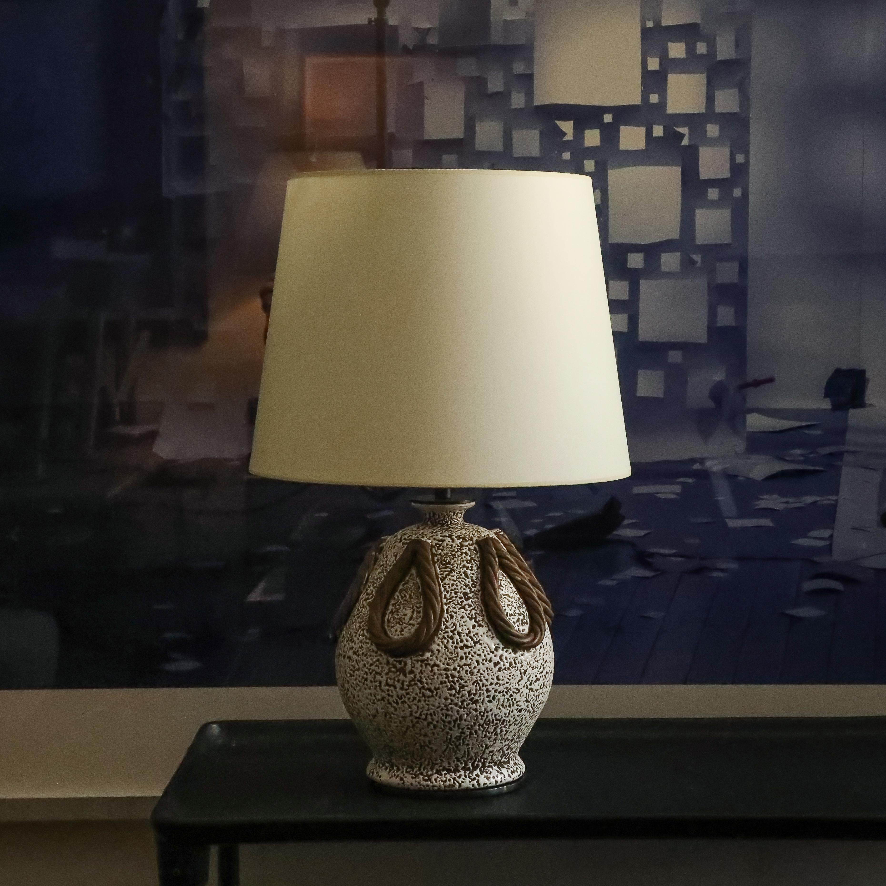 Français Black White and Brown Medium Sized Glazed Ceramic Textured Table Lamp by Keramos en vente