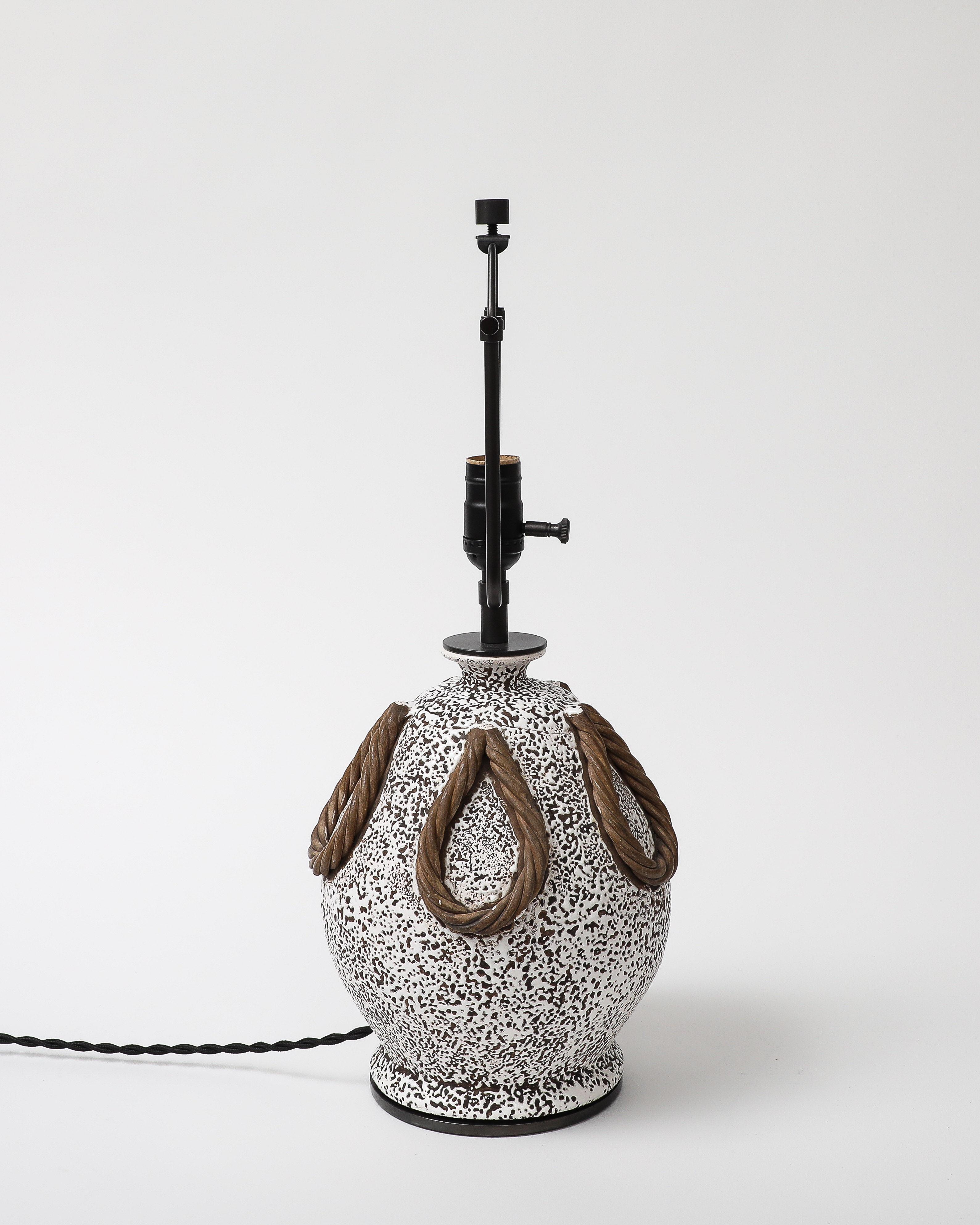 Vernissé Black White and Brown Medium Sized Glazed Ceramic Textured Table Lamp by Keramos en vente