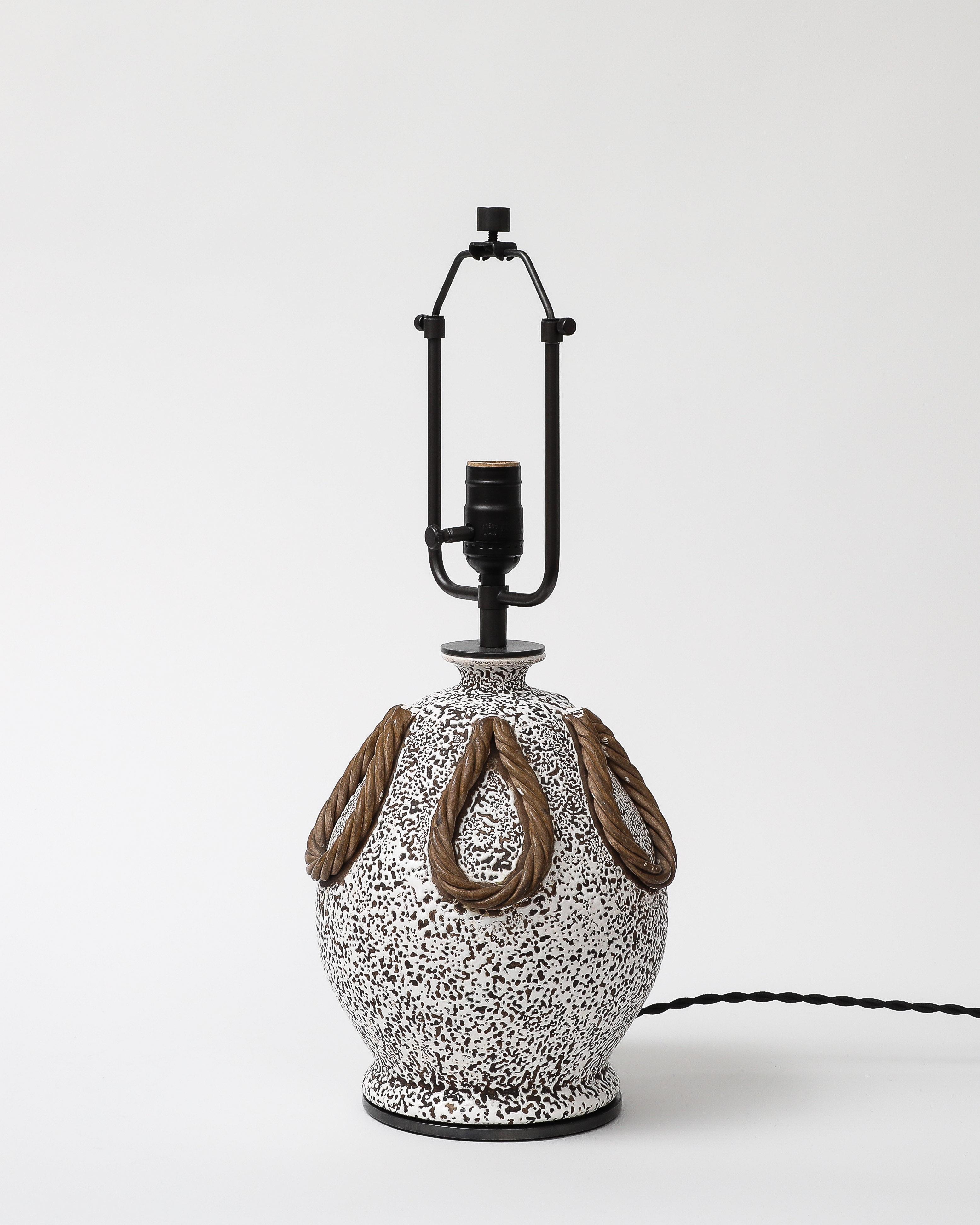 Black White and Brown Medium Sized Glazed Ceramic Textured Table Lamp by Keramos Excellent état - En vente à New York City, NY