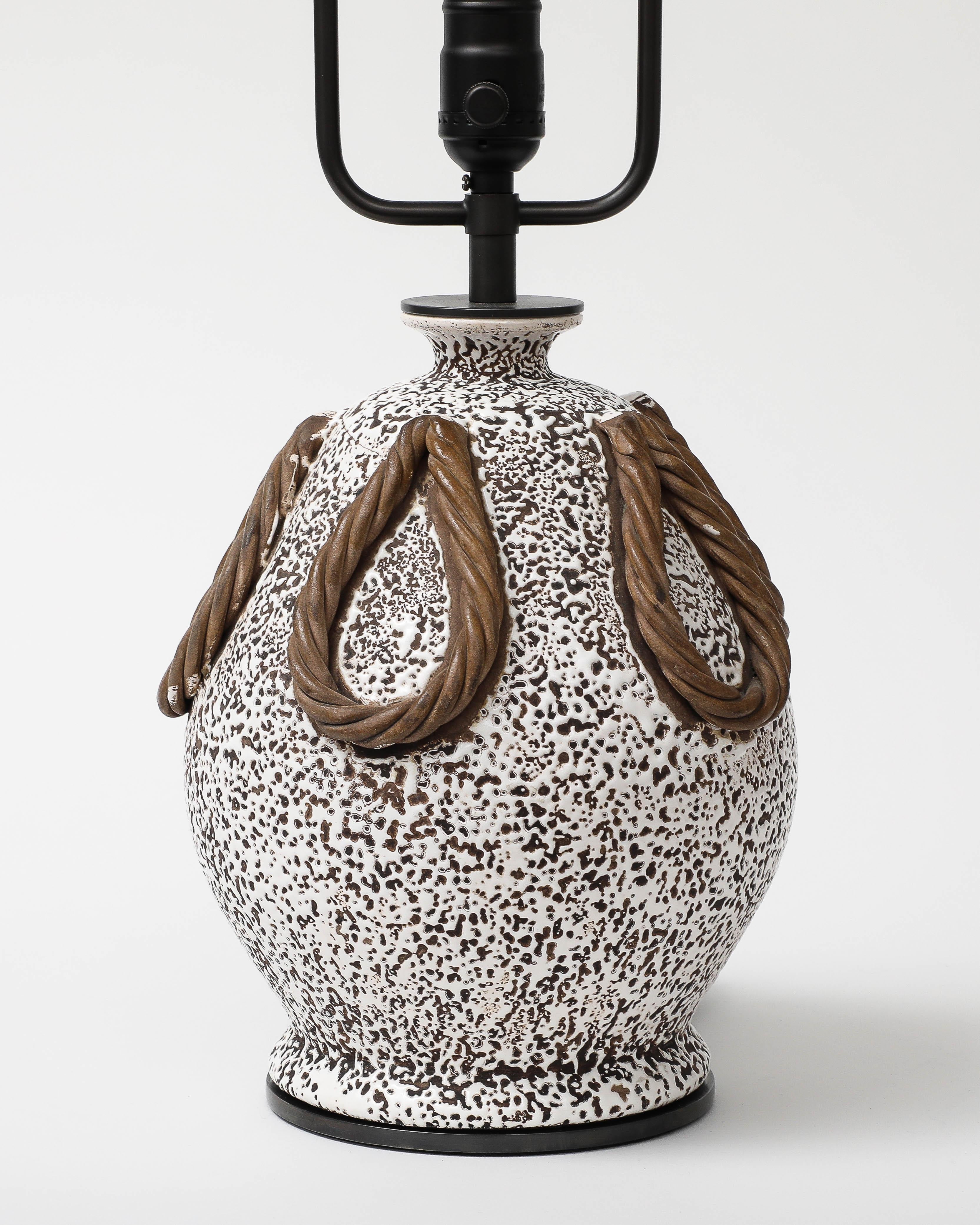 Céramique Black White and Brown Medium Sized Glazed Ceramic Textured Table Lamp by Keramos en vente