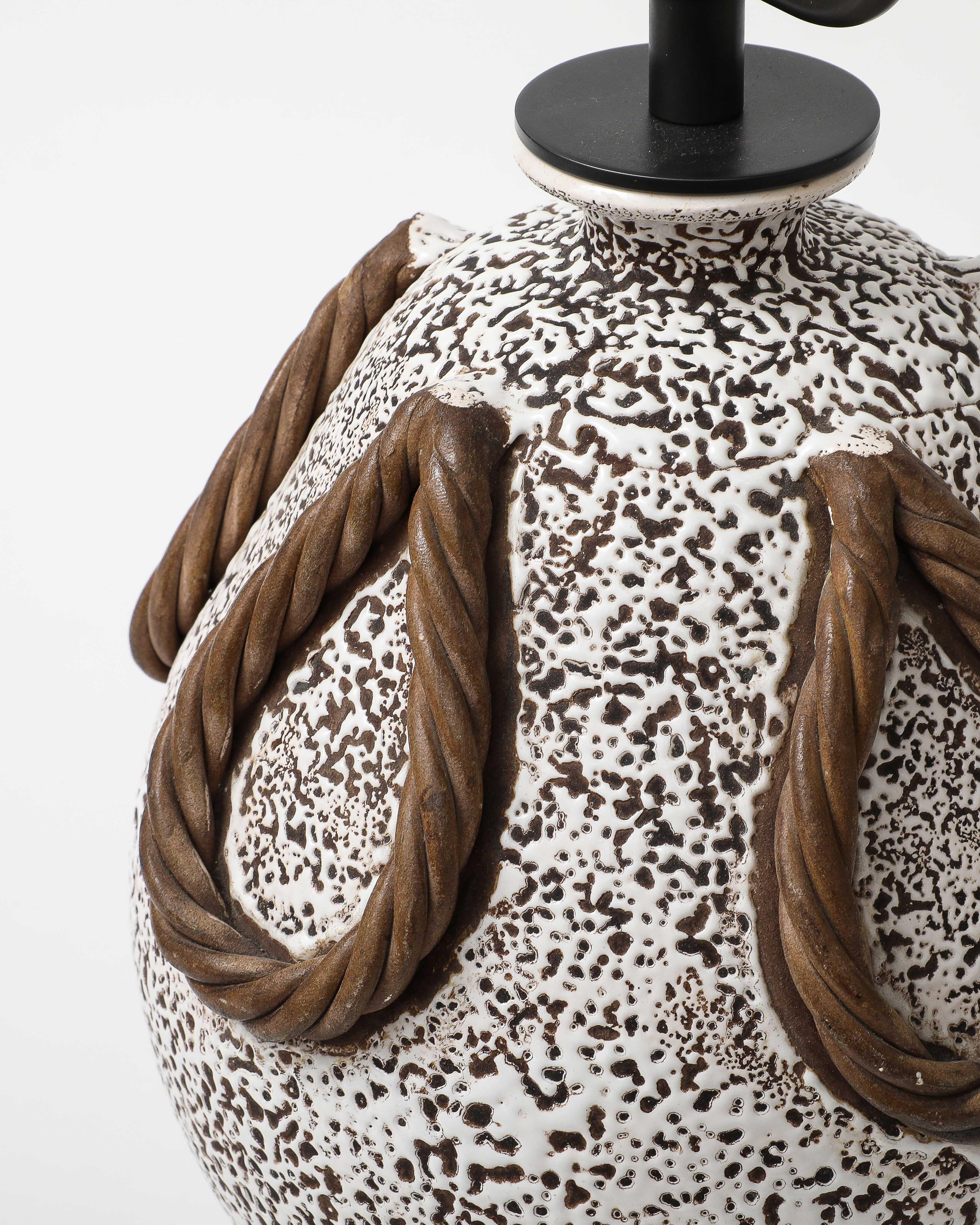 Black White and Brown Medium Sized Glazed Ceramic Textured Table Lamp by Keramos en vente 1