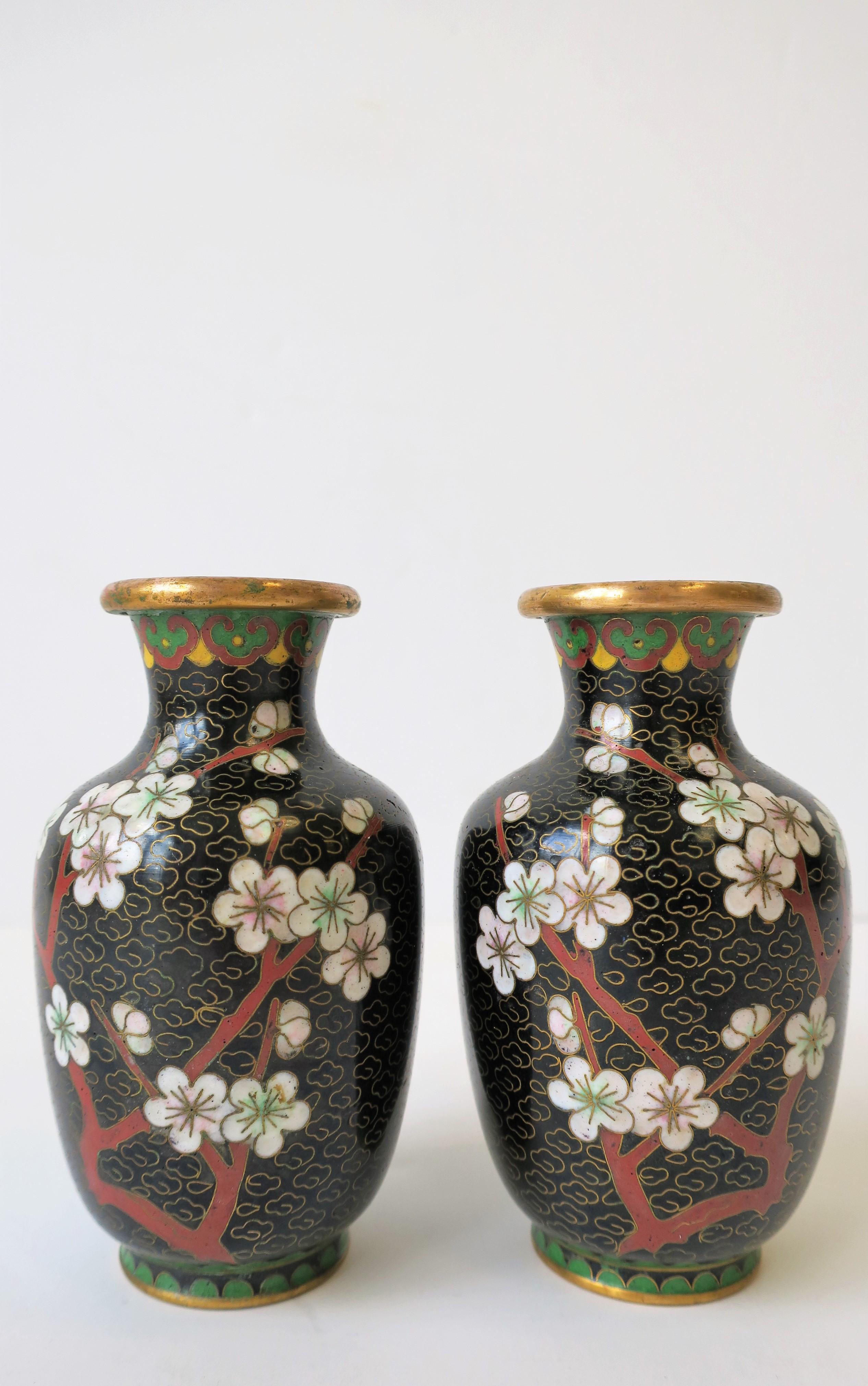 Chinoiserie Pair Black White and Red Cloisonne and Brass Vases