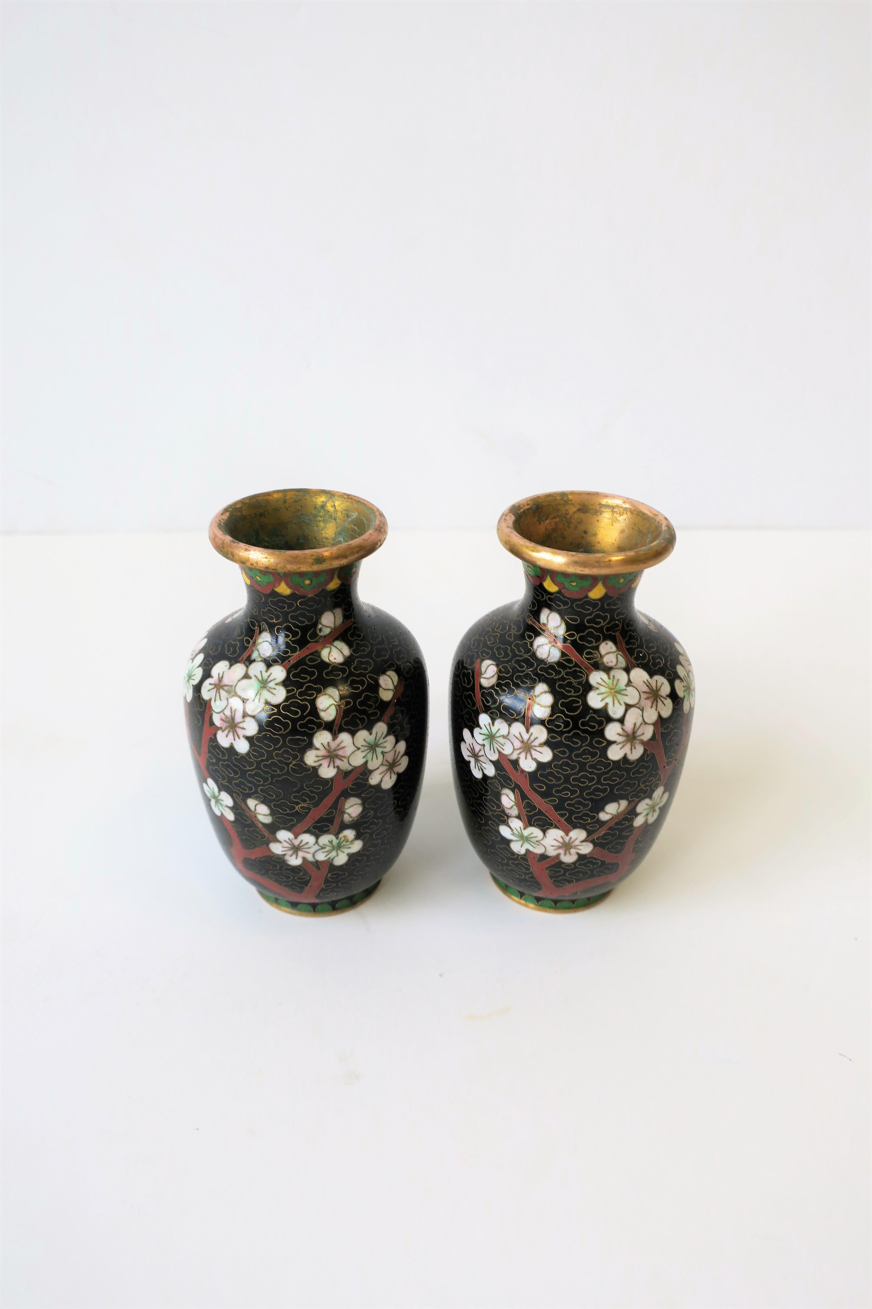 Cloissoné Pair Black White and Red Cloisonne and Brass Vases