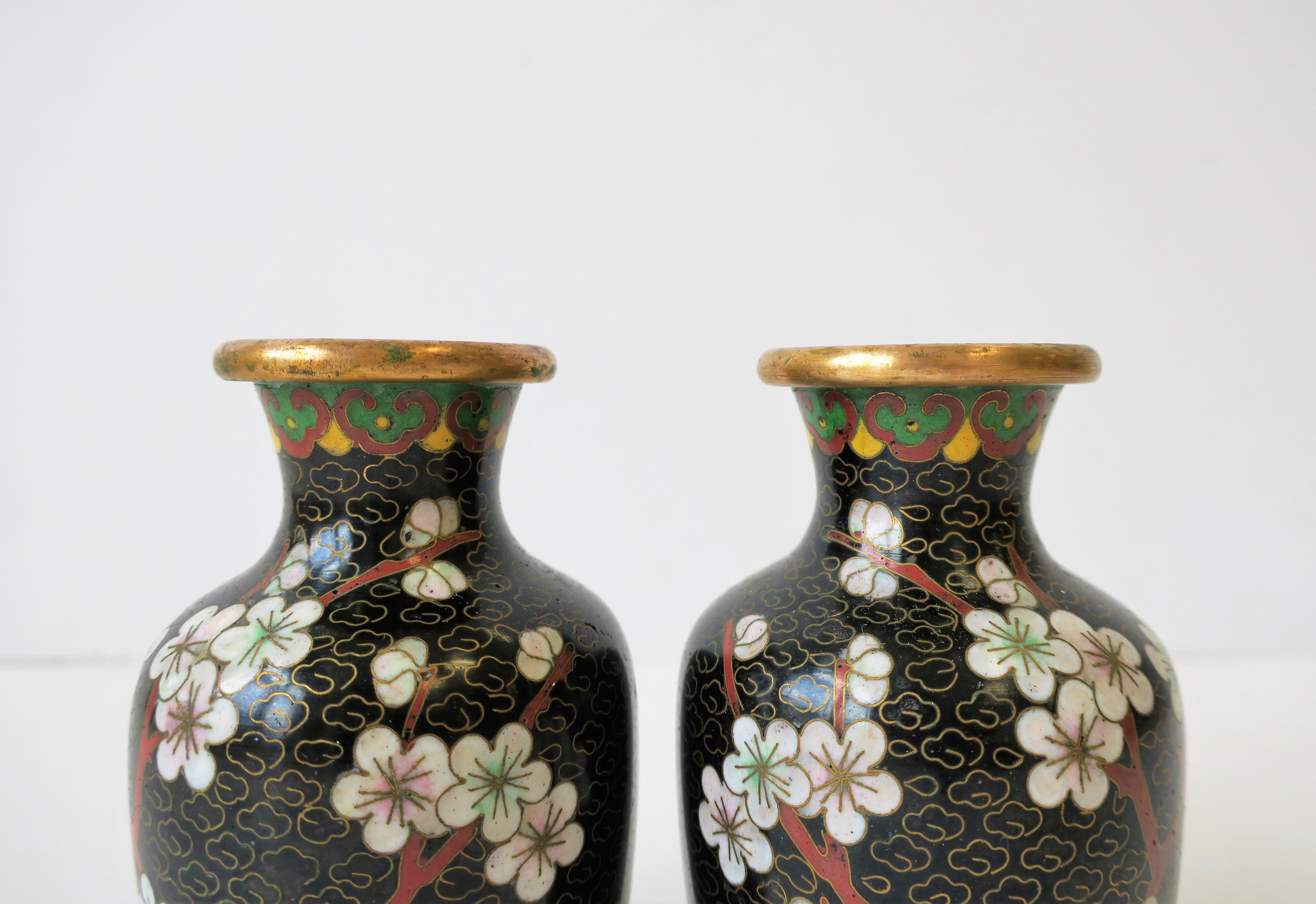 Pair Black White and Red Cloisonne and Brass Vases In Good Condition In New York, NY