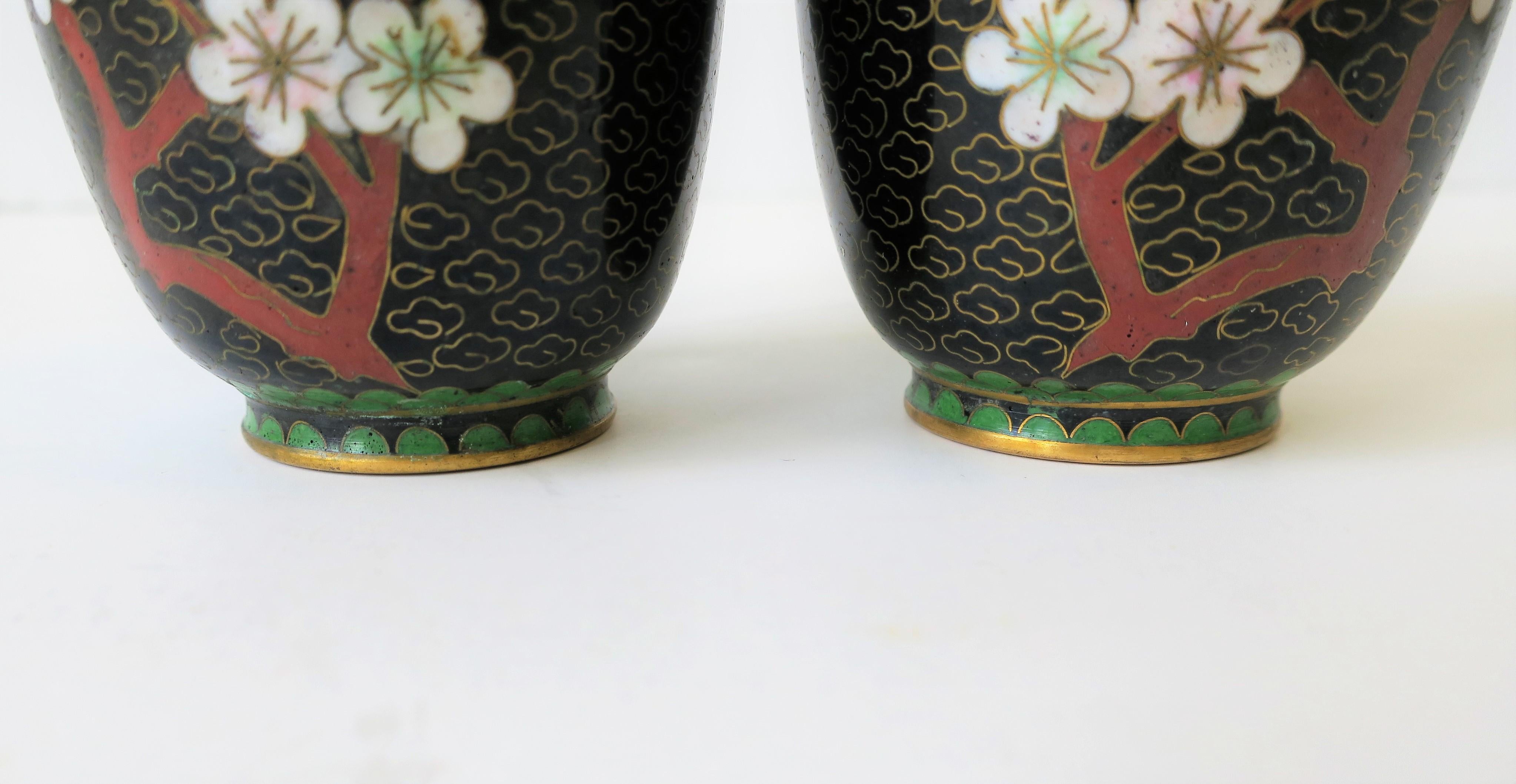 Late 20th Century Pair Black White and Red Cloisonne and Brass Vases