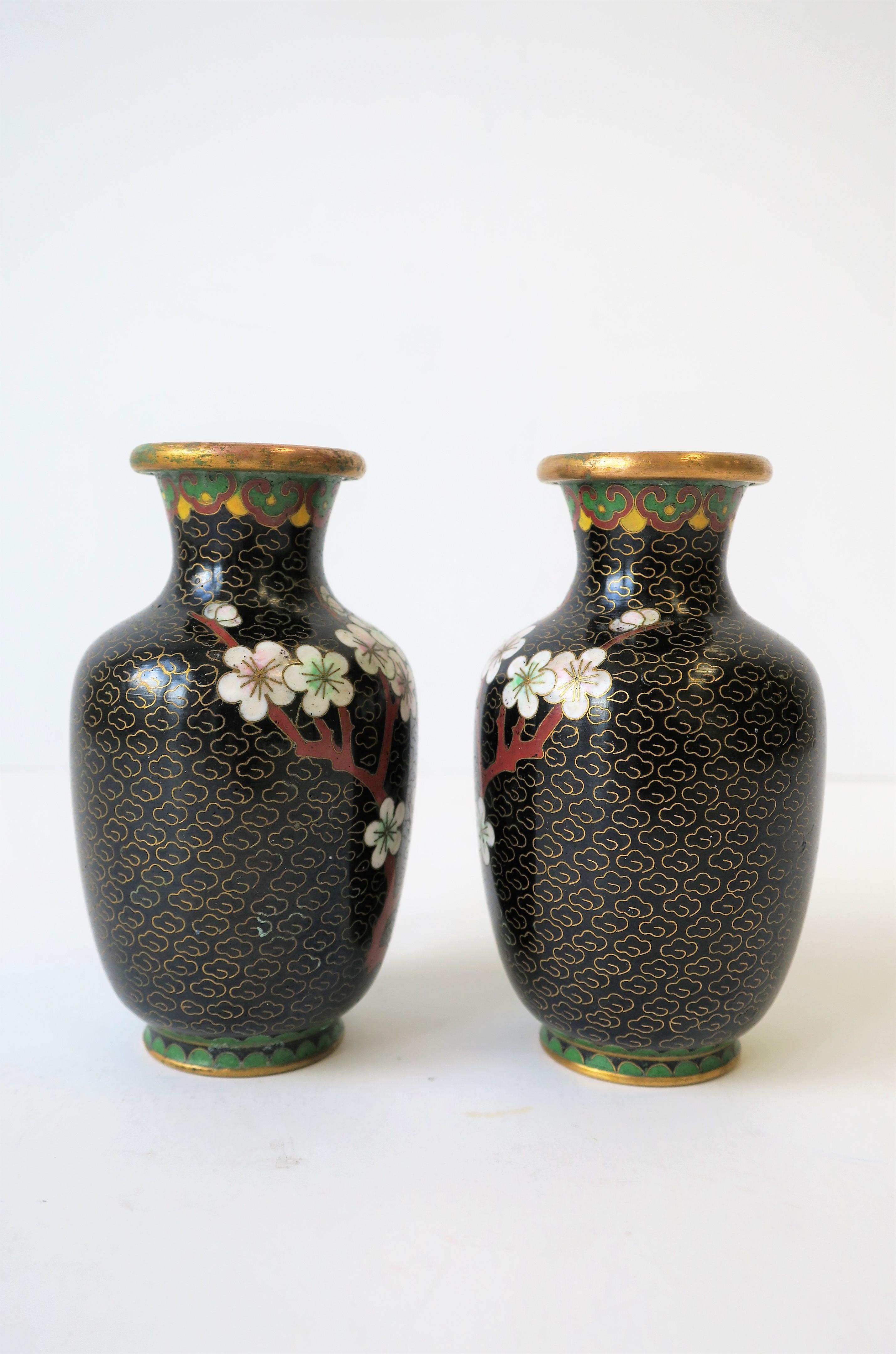 Enamel Pair Black White and Red Cloisonne and Brass Vases