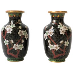 Pair Black White and Red Cloisonne and Brass Vases
