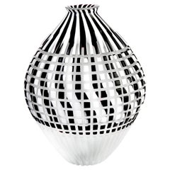 Murano Glass Object. Black and White Anfora with White Bottom, Textile Inspired