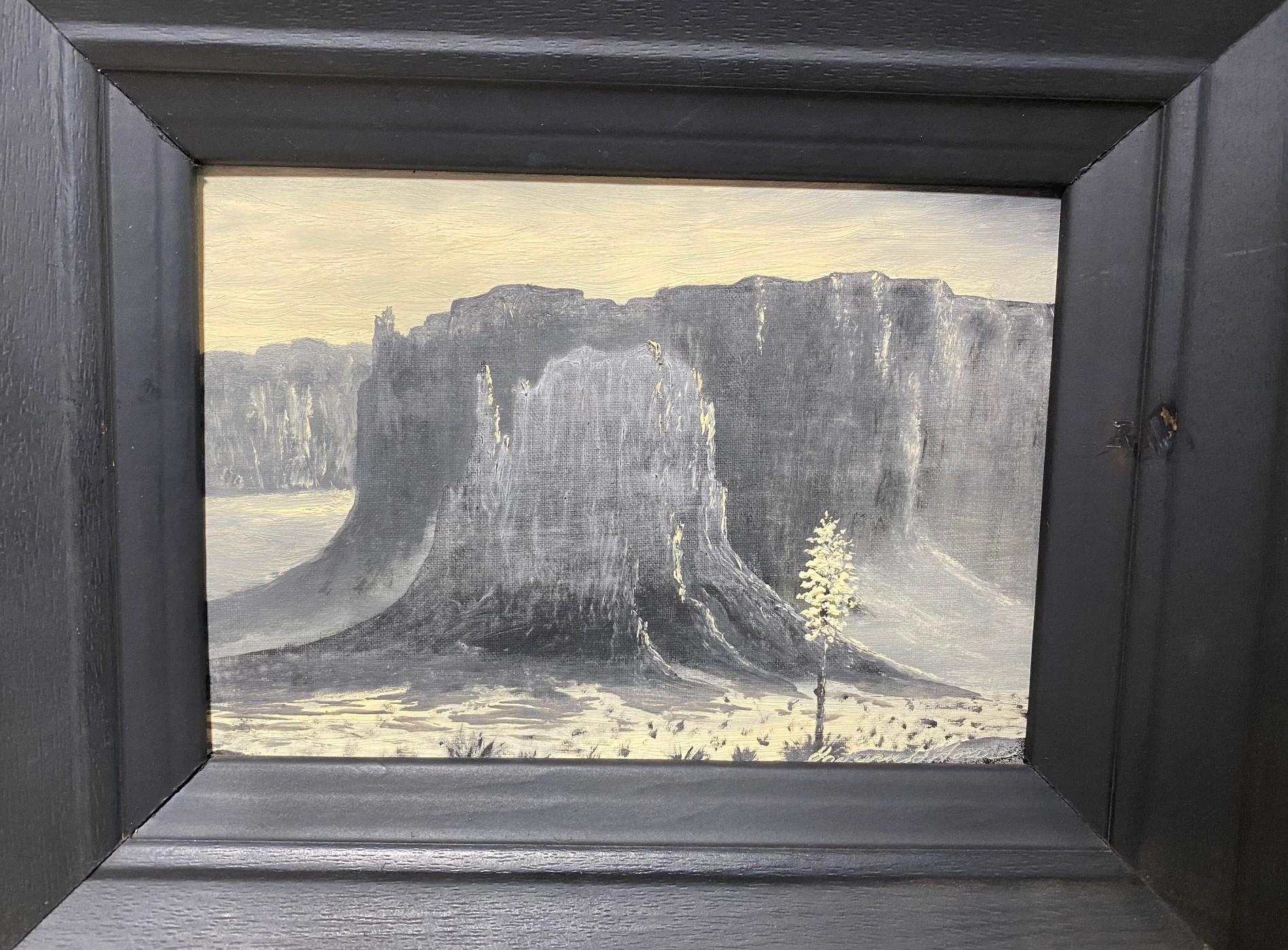 Modern Black White Arizona Desert Mountain Landscape Signed Oil Painting, Edwin H House For Sale