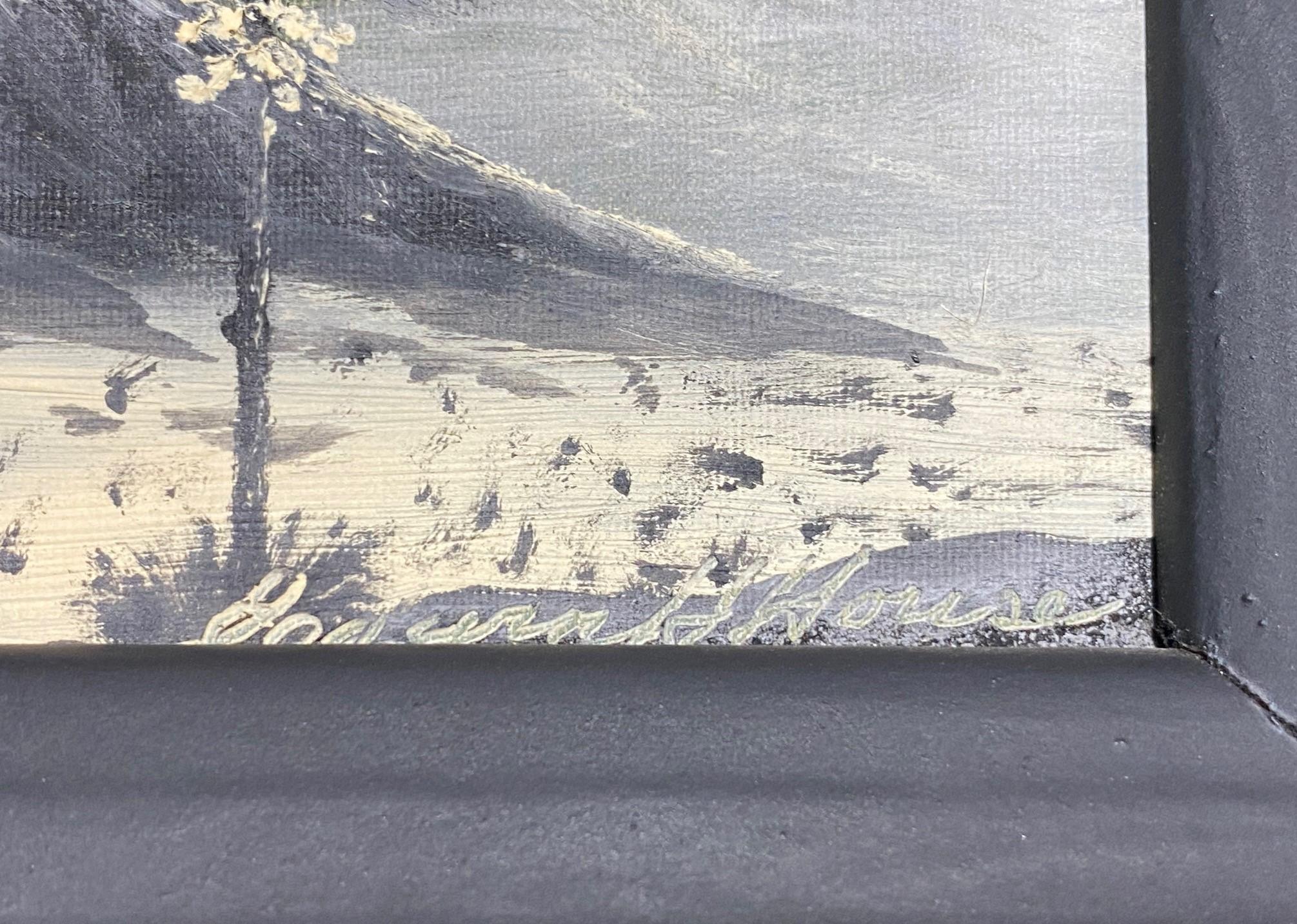 20th Century Black White Arizona Desert Mountain Landscape Signed Oil Painting, Edwin H House For Sale